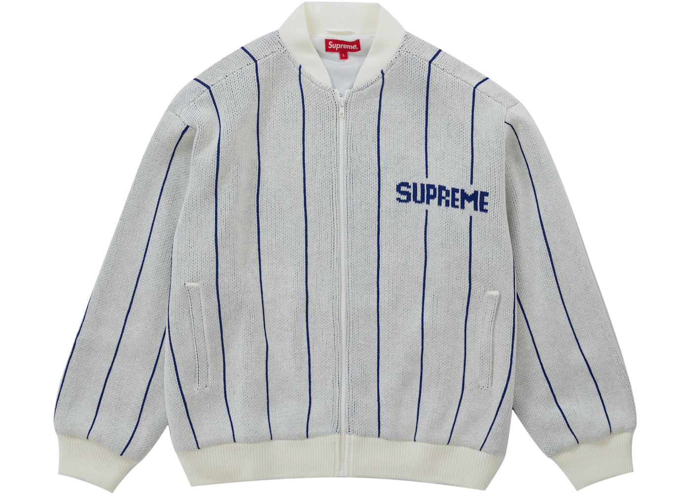 Supreme Pinstripe Varsity Zip Up Sweater White – Side Kicks