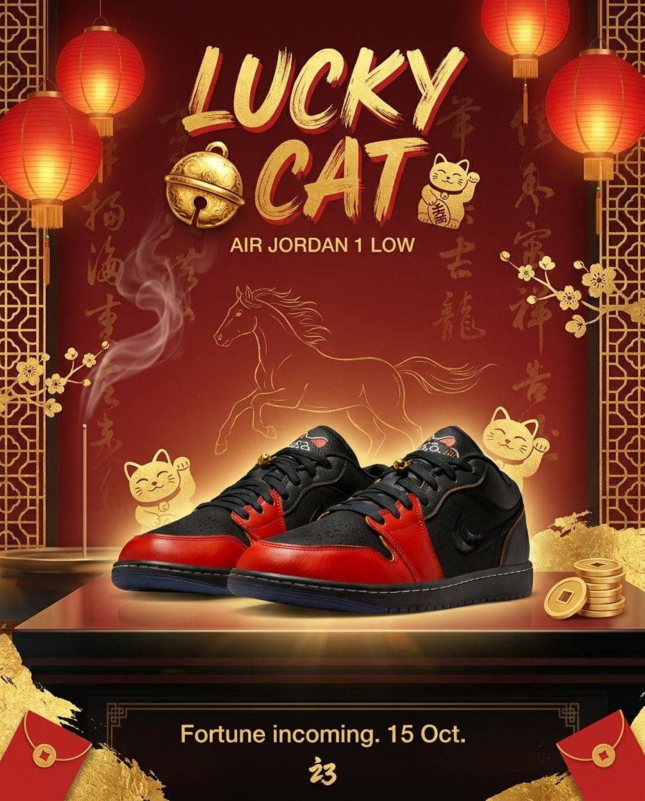 Prosperity On The Tongue: The Air Jordan 1 Low 'Lucky Cat' Brings A Golden Bell And Embroidered Maneki-neko