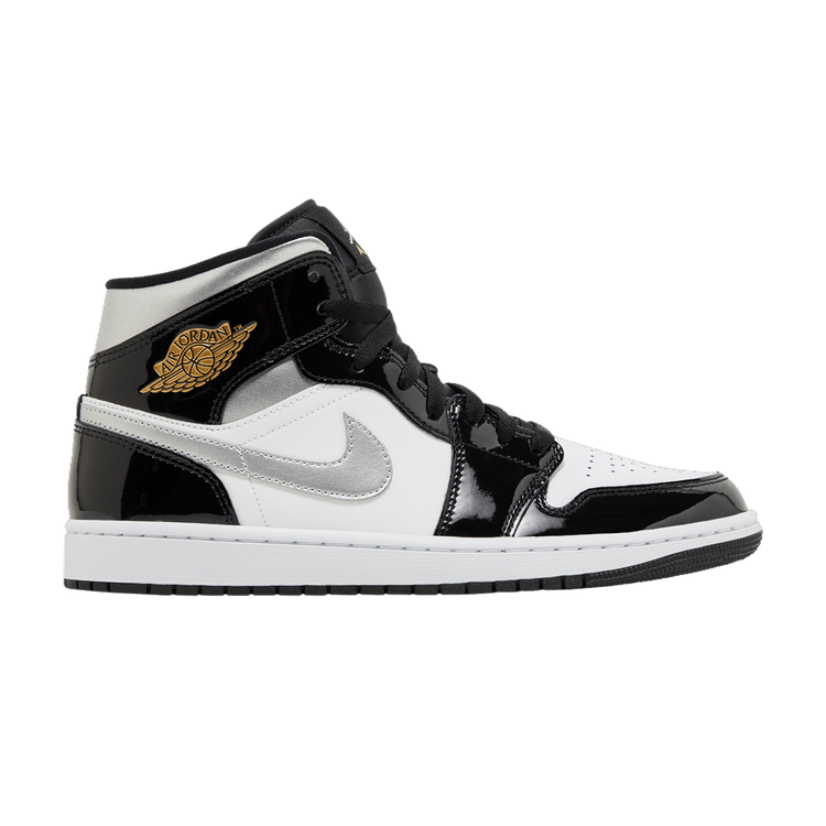 Jordan 1 Mid SE Patent Black White Metallic Silver Metallic Gold