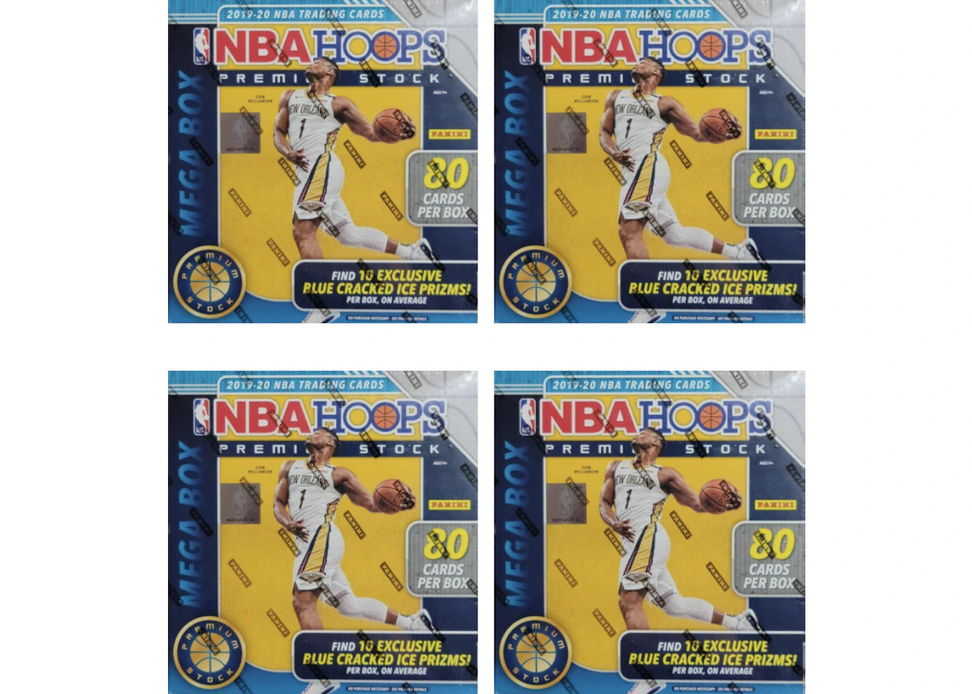 2019-20 Panini NBA Hoops Premium Stock Basketball 80 Ct. Mega Box (Blue Cracked Ice) 4x Lot
