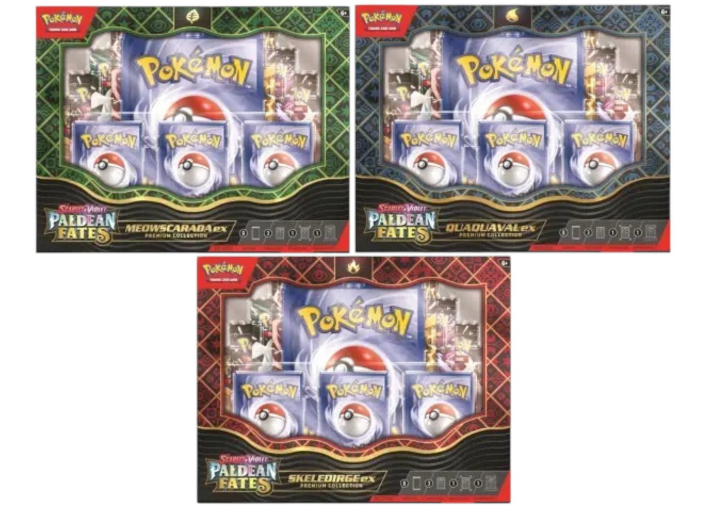 2024 Pokémon TCG Scarlet & Violet Paldean Fates Meowscarada ex/Quaquaval ex/Skeledirge ex Premium Collection 3x Lot