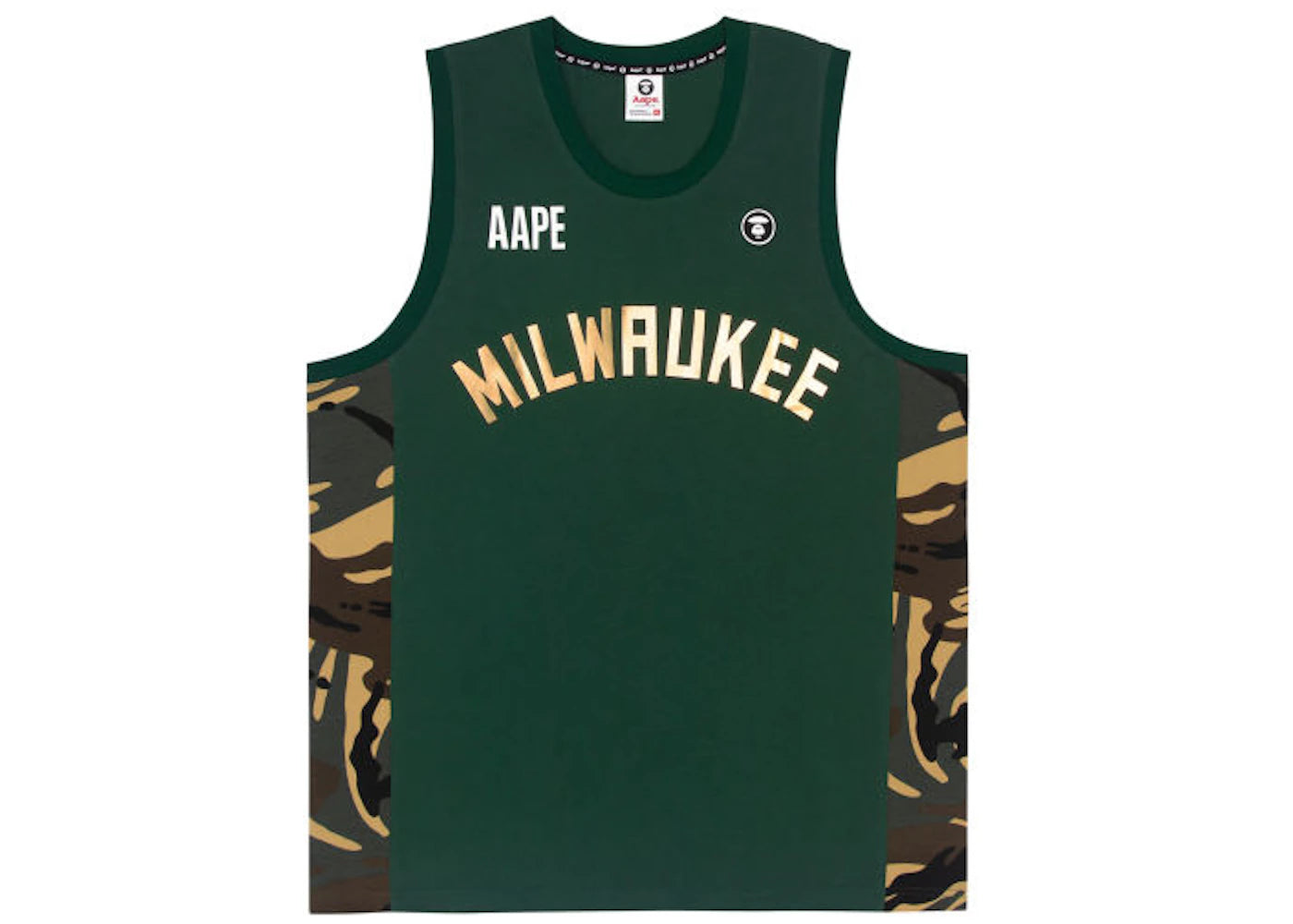 BAPE x NBA Style Ape Face Milwaukee Bucks Basketball Tank Top Army Camo