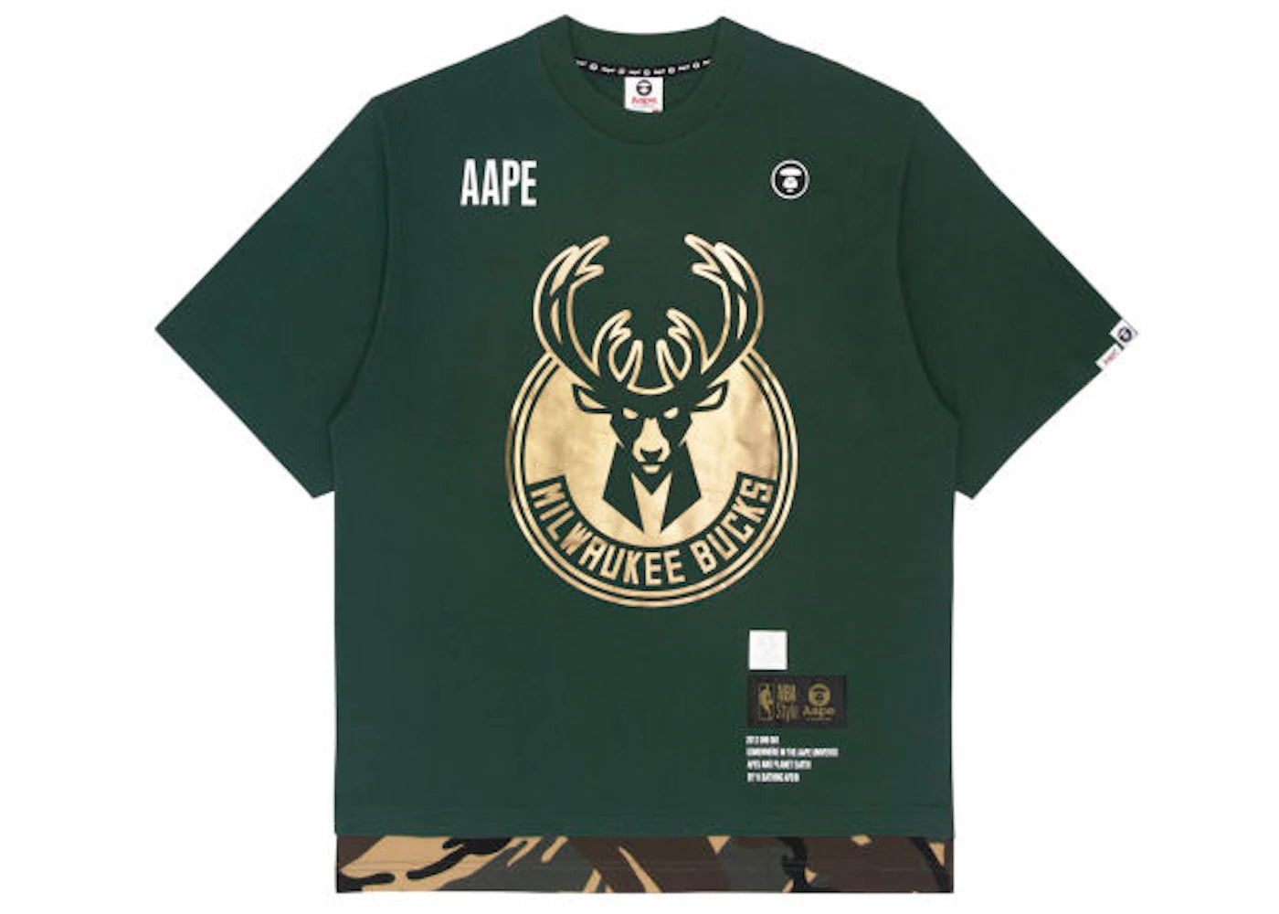 BAPE x NBA Style Ape Face Milwaukee Bucks Basketball Tee Army Camo