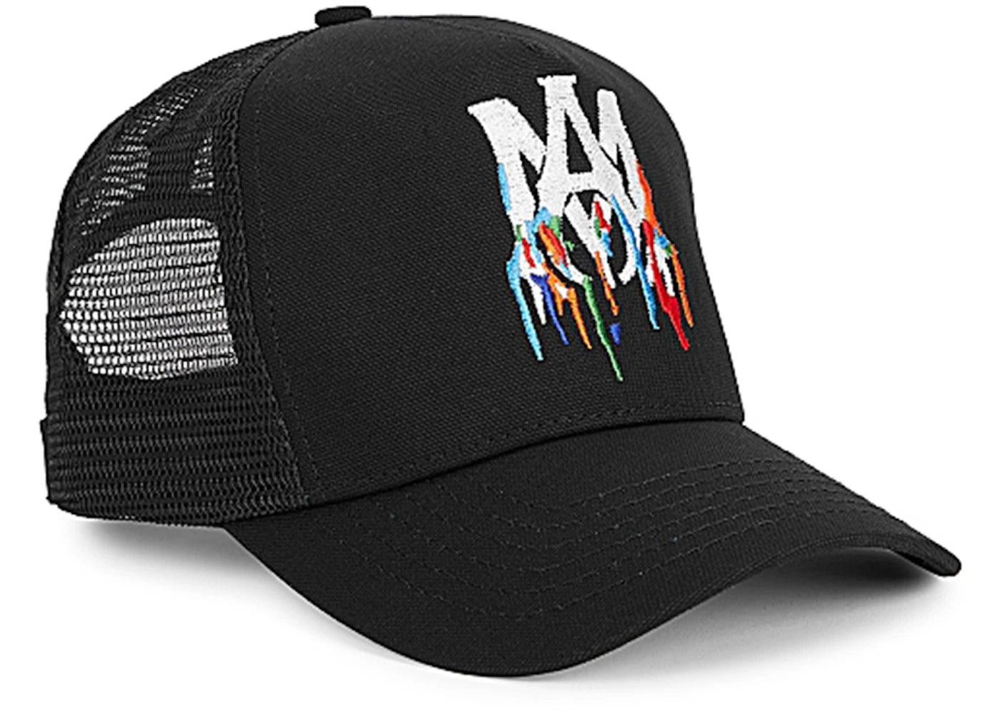 AMIRI Embroidered Paint Drip AM Logo Trucker Snapback Cap Black/White/Multi