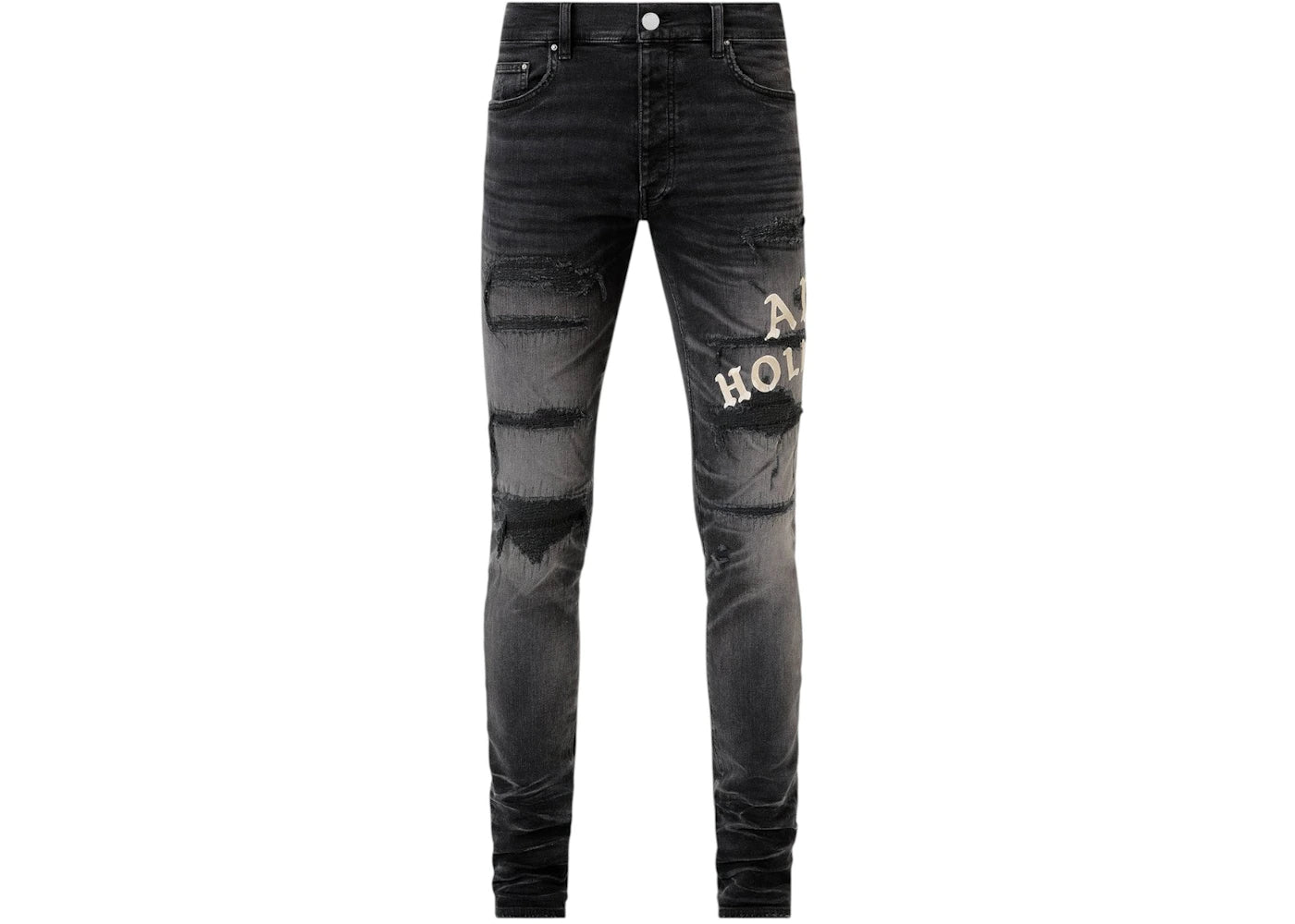 AMIRI Hollywood Leather Applique Thrasher Repaired Skinny Jean Honeycomb Indigo