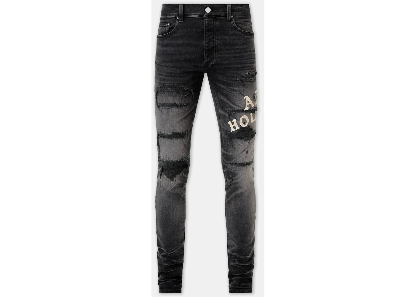 AMIRI Hollywood Leather Applique Thrasher Repaired Skinny Jeans Honey Comb Indigo