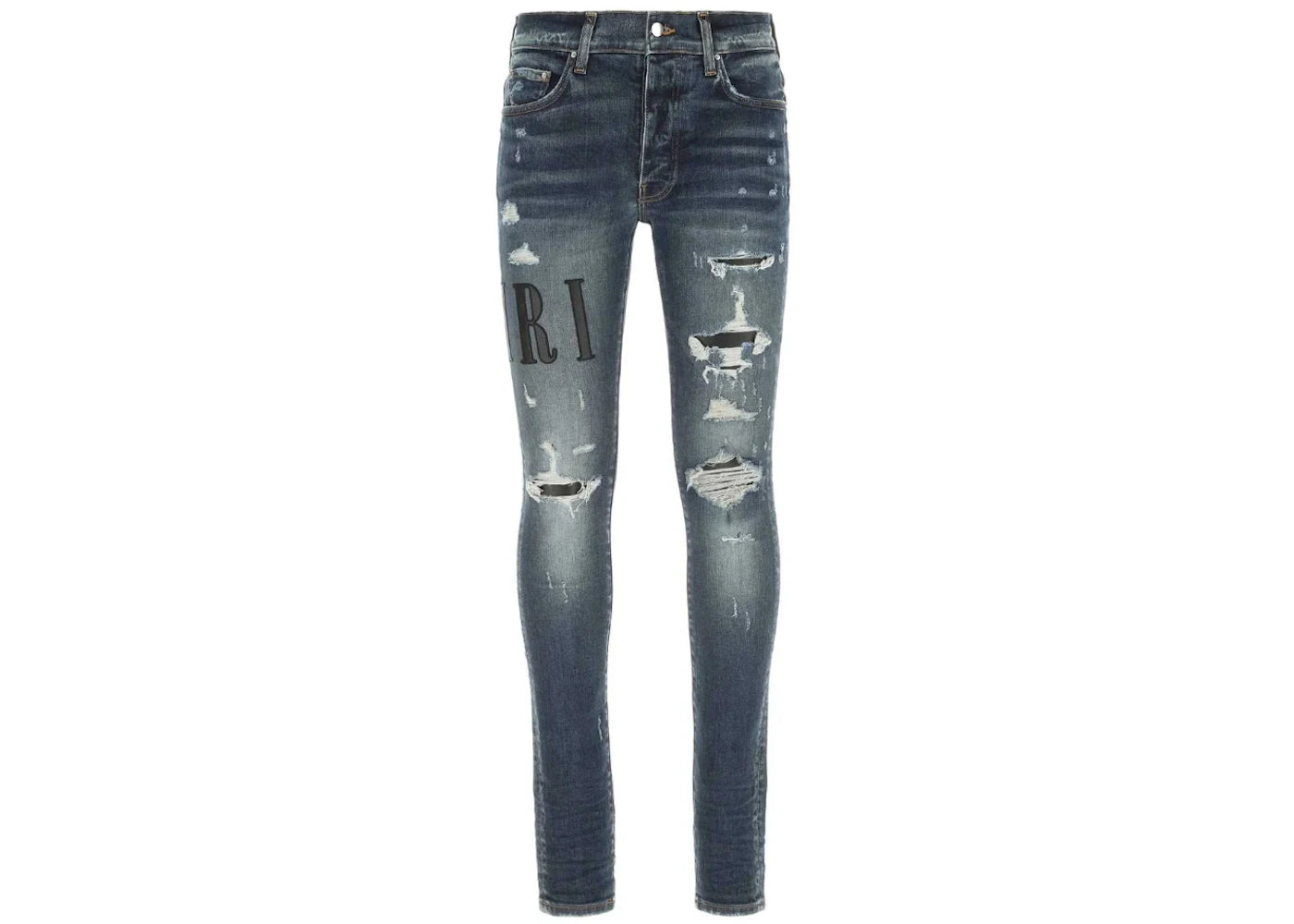 AMIRI Logo Patch Distressed Fitted Jeans Indigo