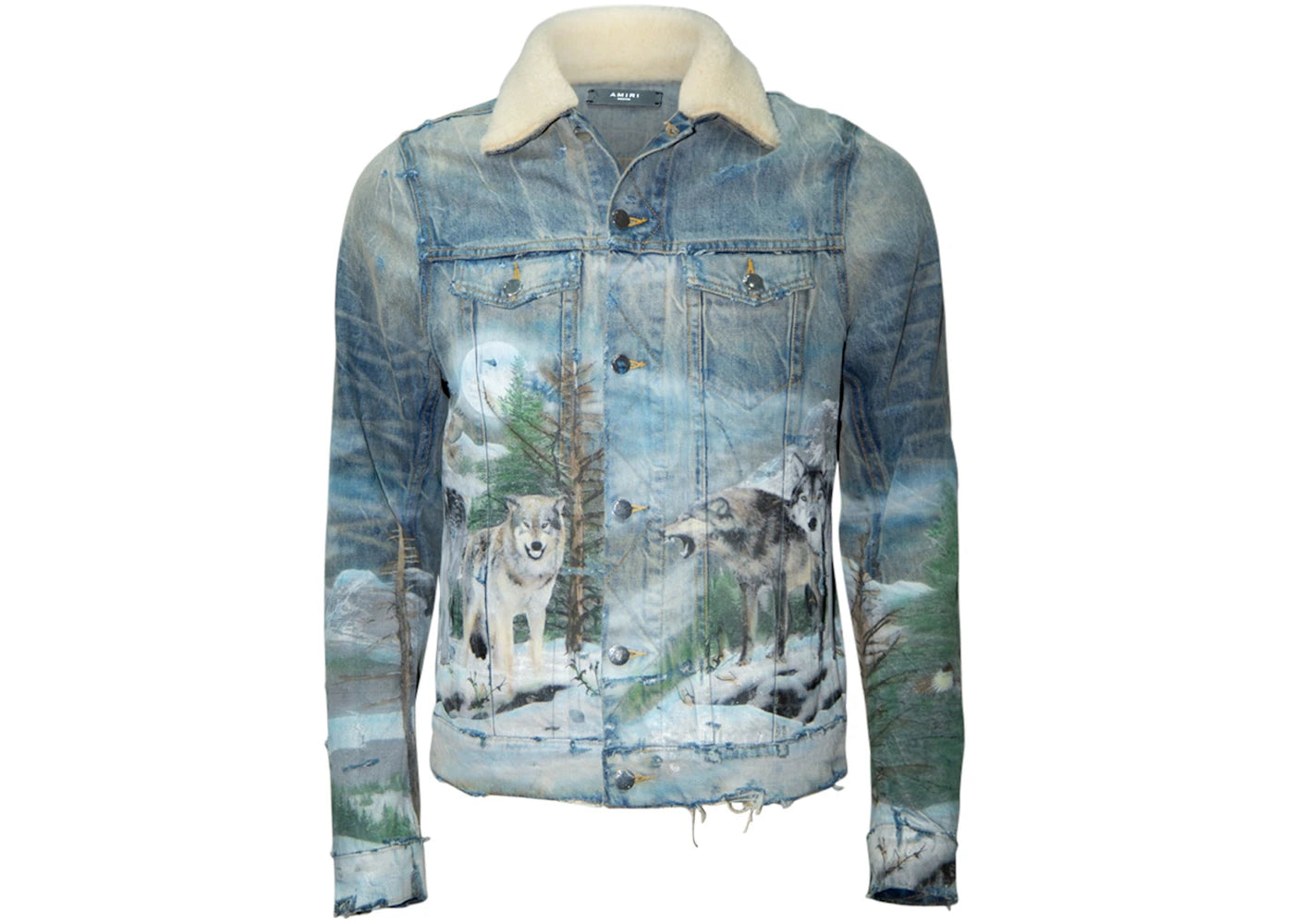 AMIRI Sherling Airbrush Wolf Denim Trucker Jacket Blue