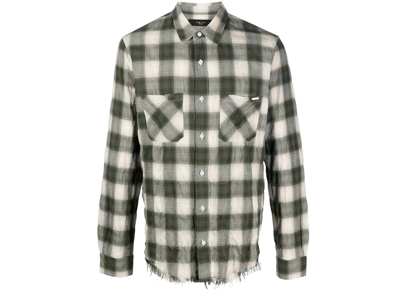 AMIRI Sunfaded Check Raw Cut Flannel Shirt Military Green