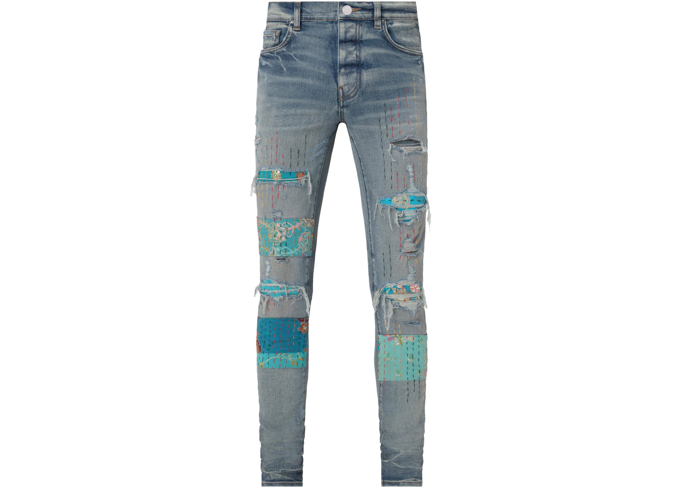 AMIRI Vintage Quilt Art Patch Skinny Jean Clay Indigo