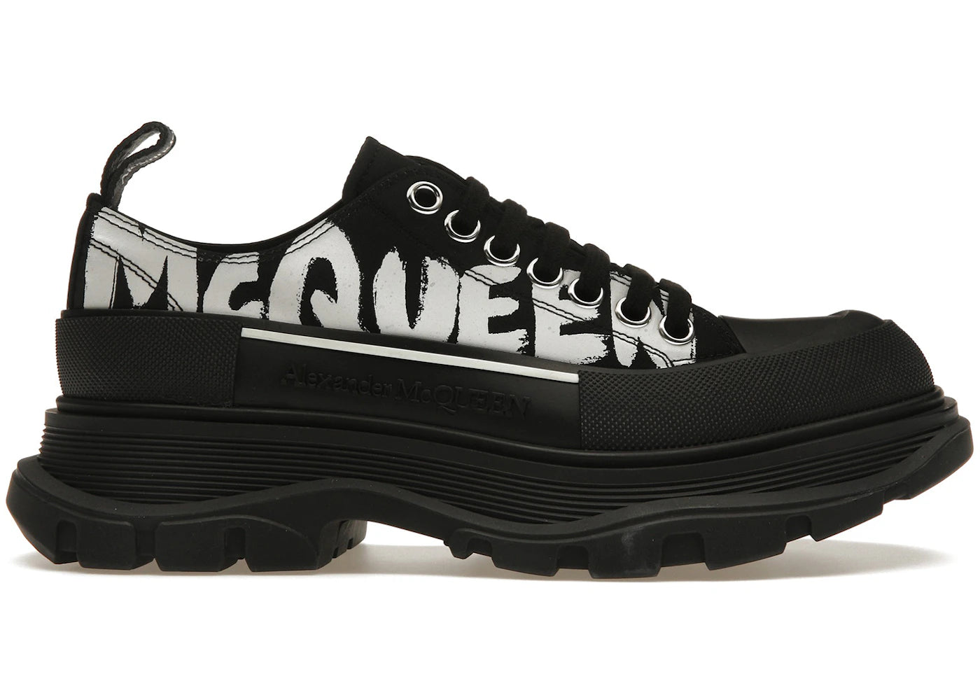 Alexander McQueen Tread Slick Low Lace Up Canvas Graffiti Black White Black (Women's)