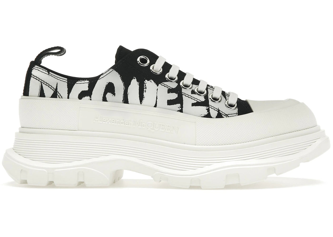 Alexander McQueen Tread Slick Low Lace Up Canvas Graffiti Black White White (Women's)