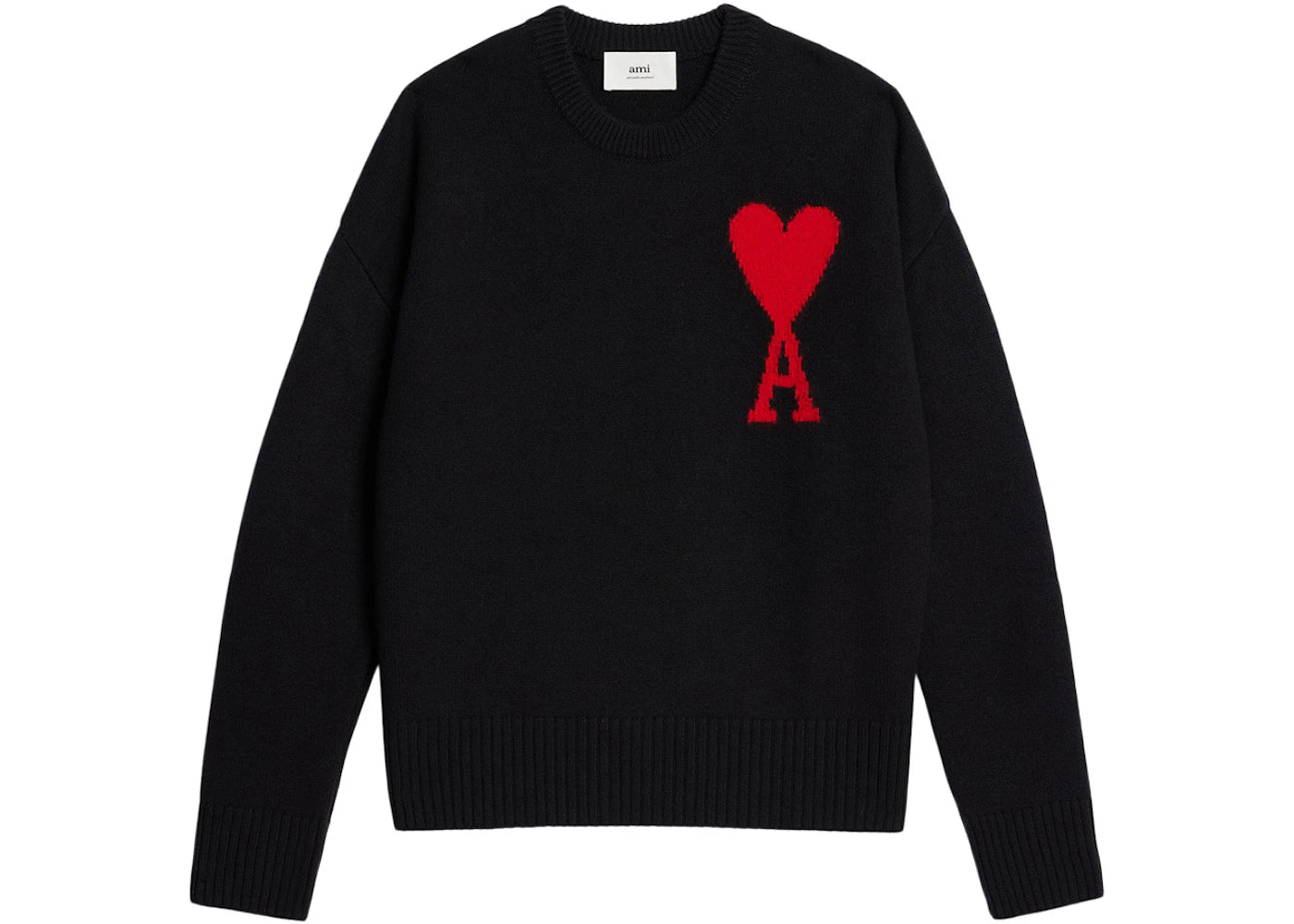 Ami Paris Ami De Coeur Intarsia-knitted Felted Merino Wool Crewneck Oversized Sweater Black/Red