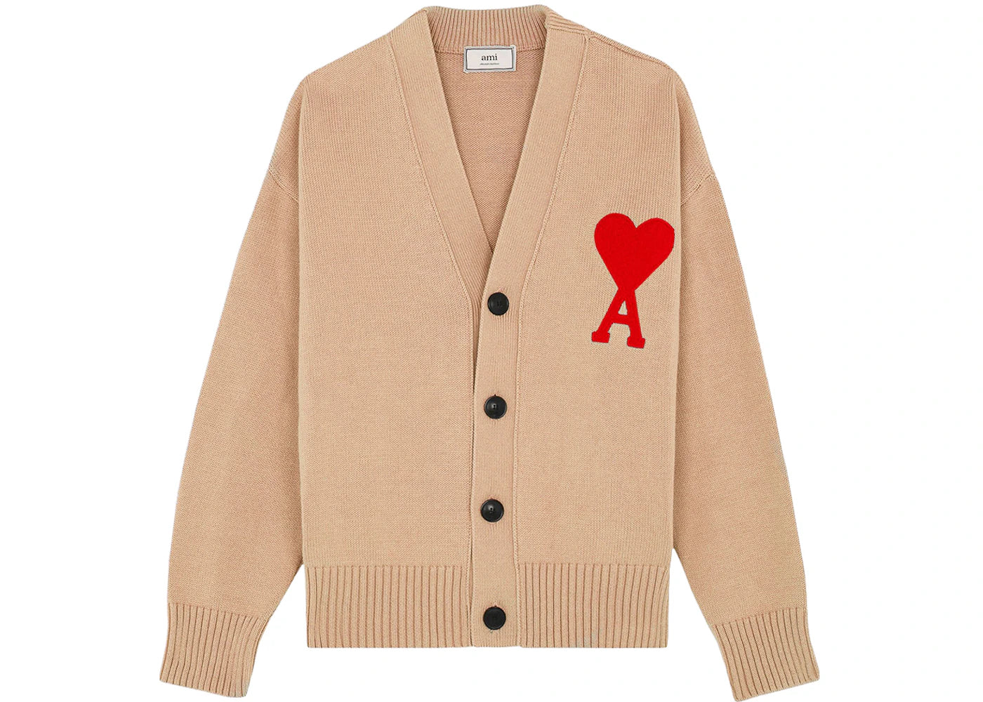 Ami Paris Ami De Coeur Merino Wool Oversize Cardigan Beige/Red
