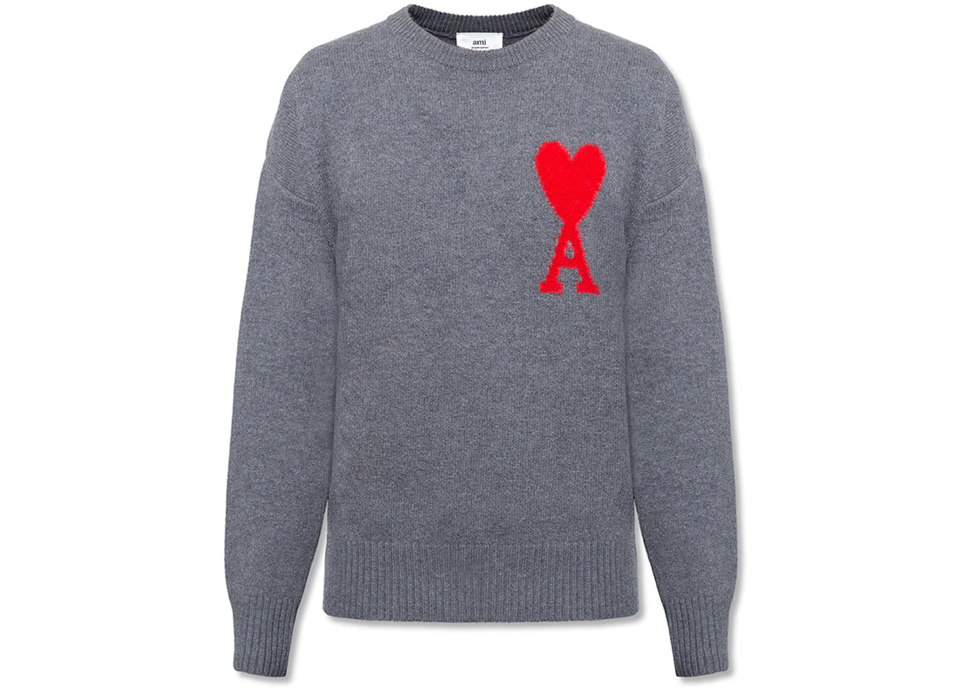 Ami Paris Ami De Coeur Merino Wool Oversized Crewneck Sweater Heather Grey/Red