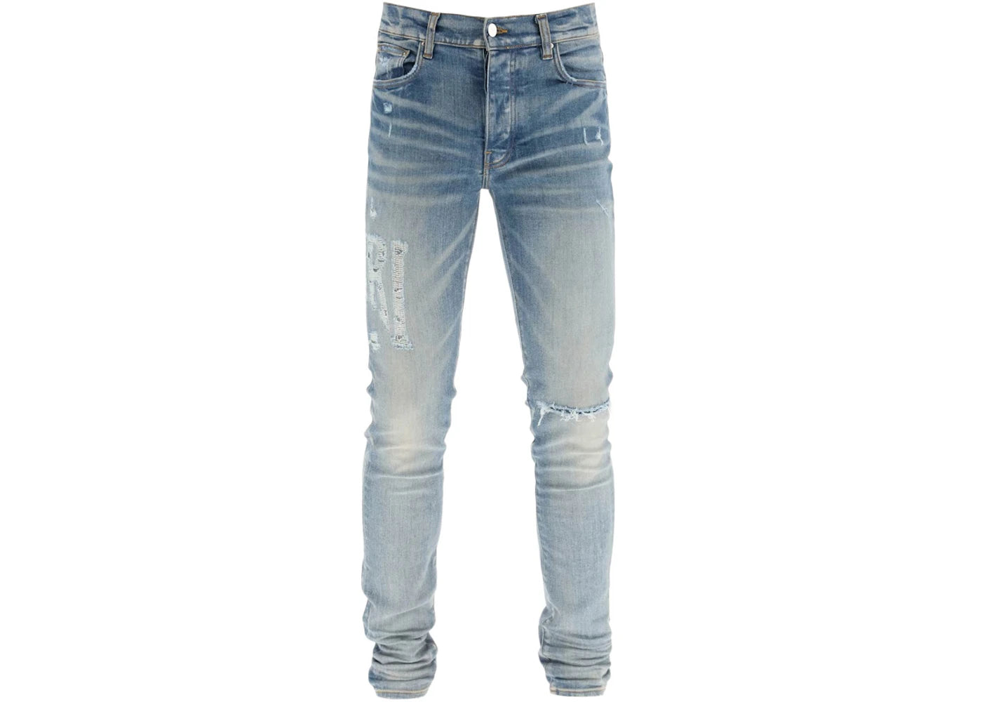 AMIRI Distressed Logo Skinny Jeans Light Blue