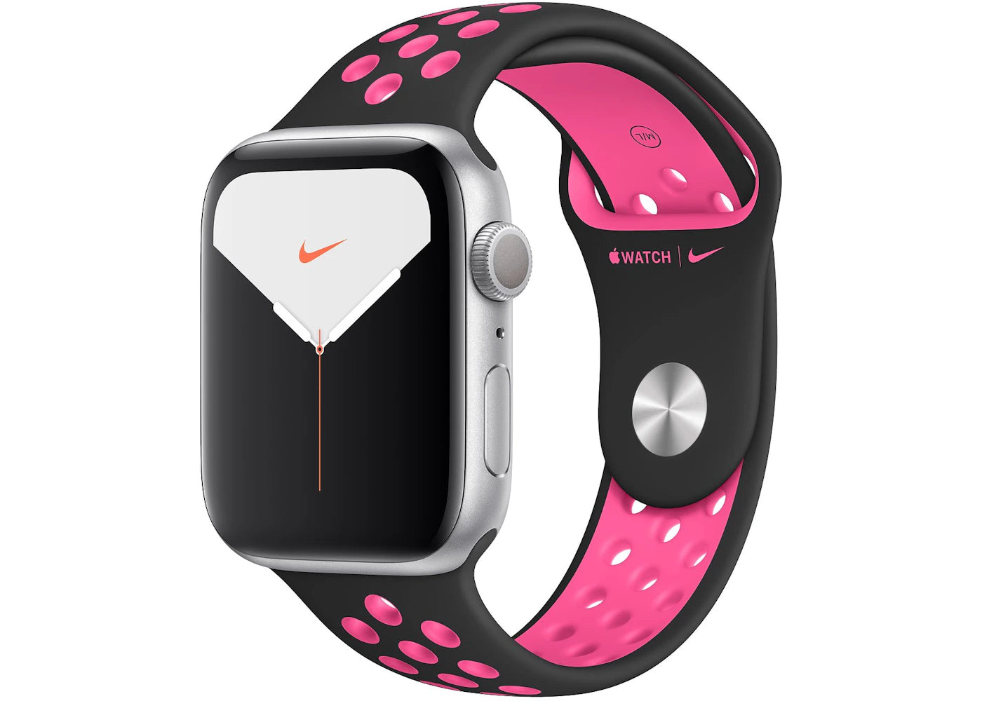 Apple Watch Nike Series 5 GPS 44mm Silver Aluminum with Black Pink Blast Band A2093