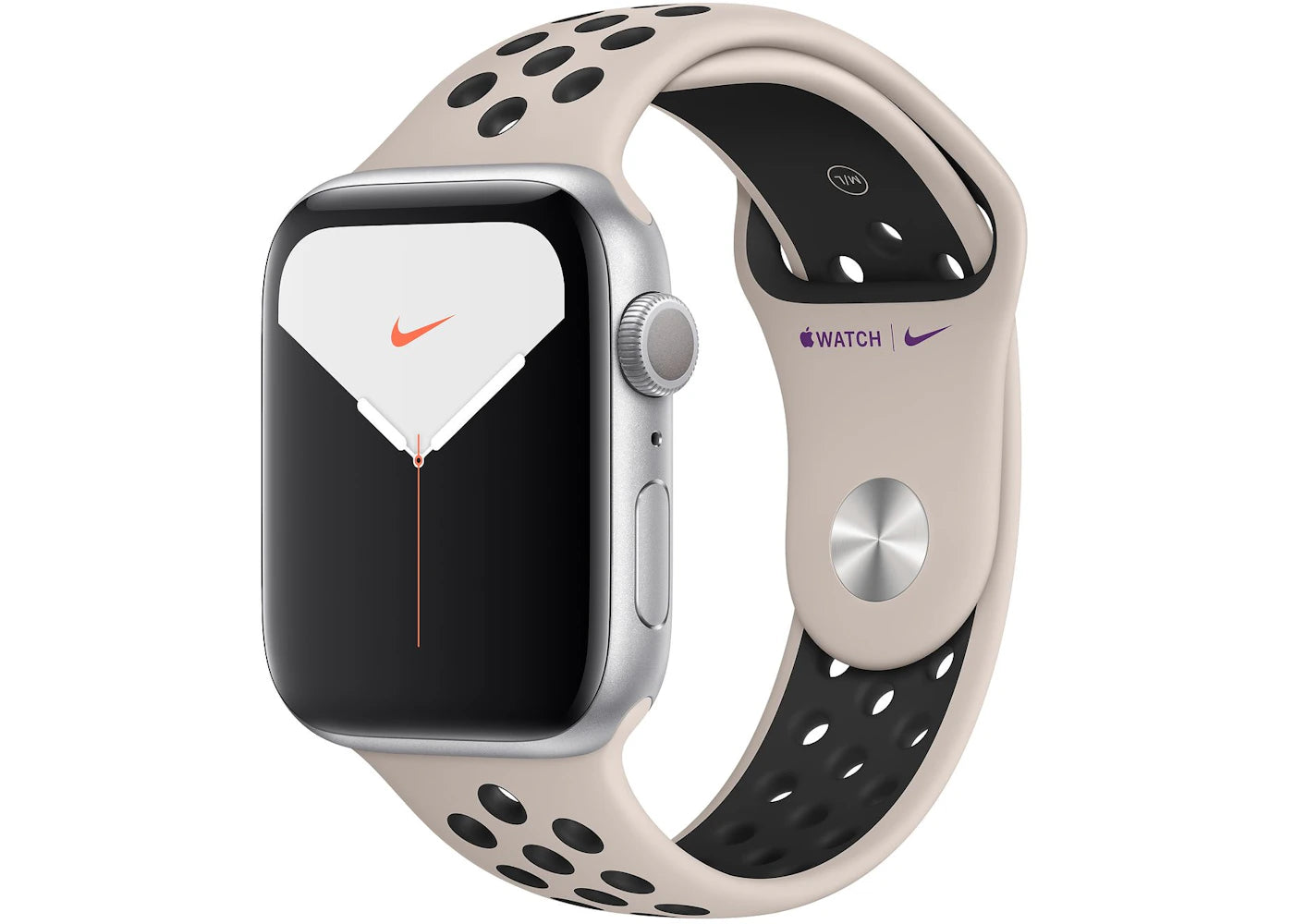 Apple Watch Nike Series 5 GPS 44mm Silver Aluminum with Desert Sand Black Band A2093