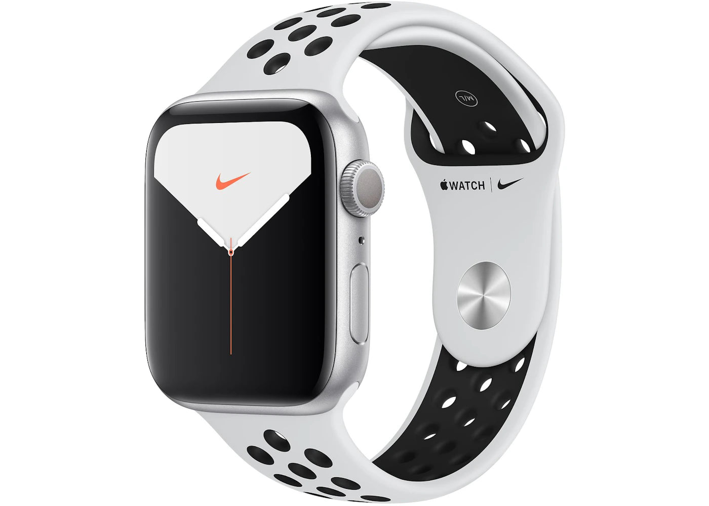 Apple Watch Nike Series 5 GPS 44mm Silver Aluminum with Pure Platinum Black Band A2093