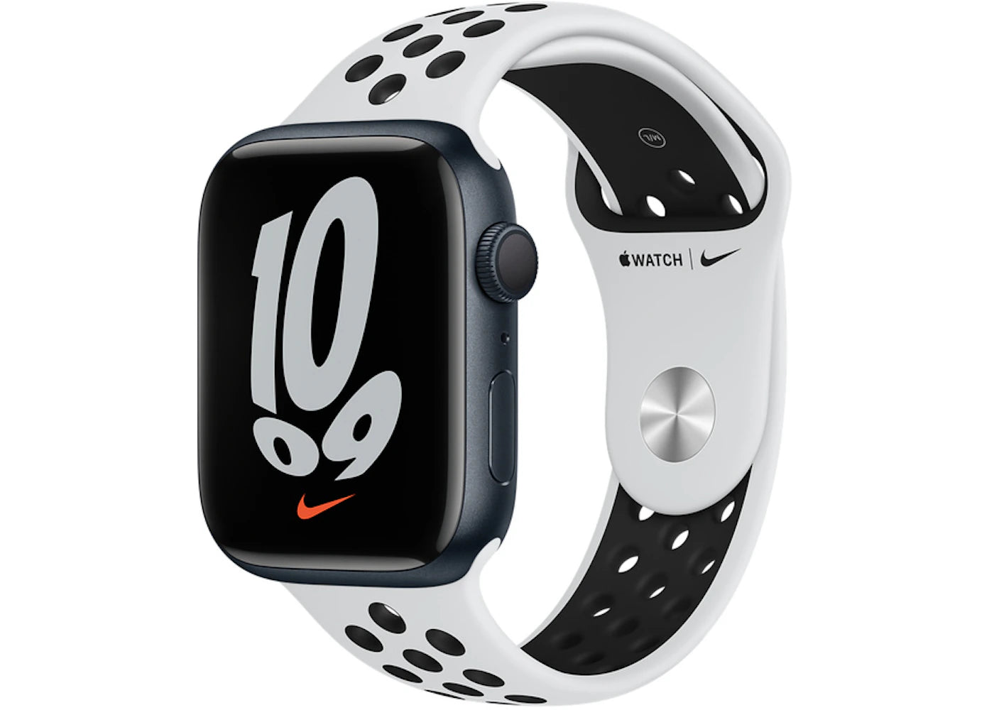 Apple Watch Nike Series 7 GPS 45mm Midnight Aluminum with Nike Pure Plantium/Black Sport Band A2474