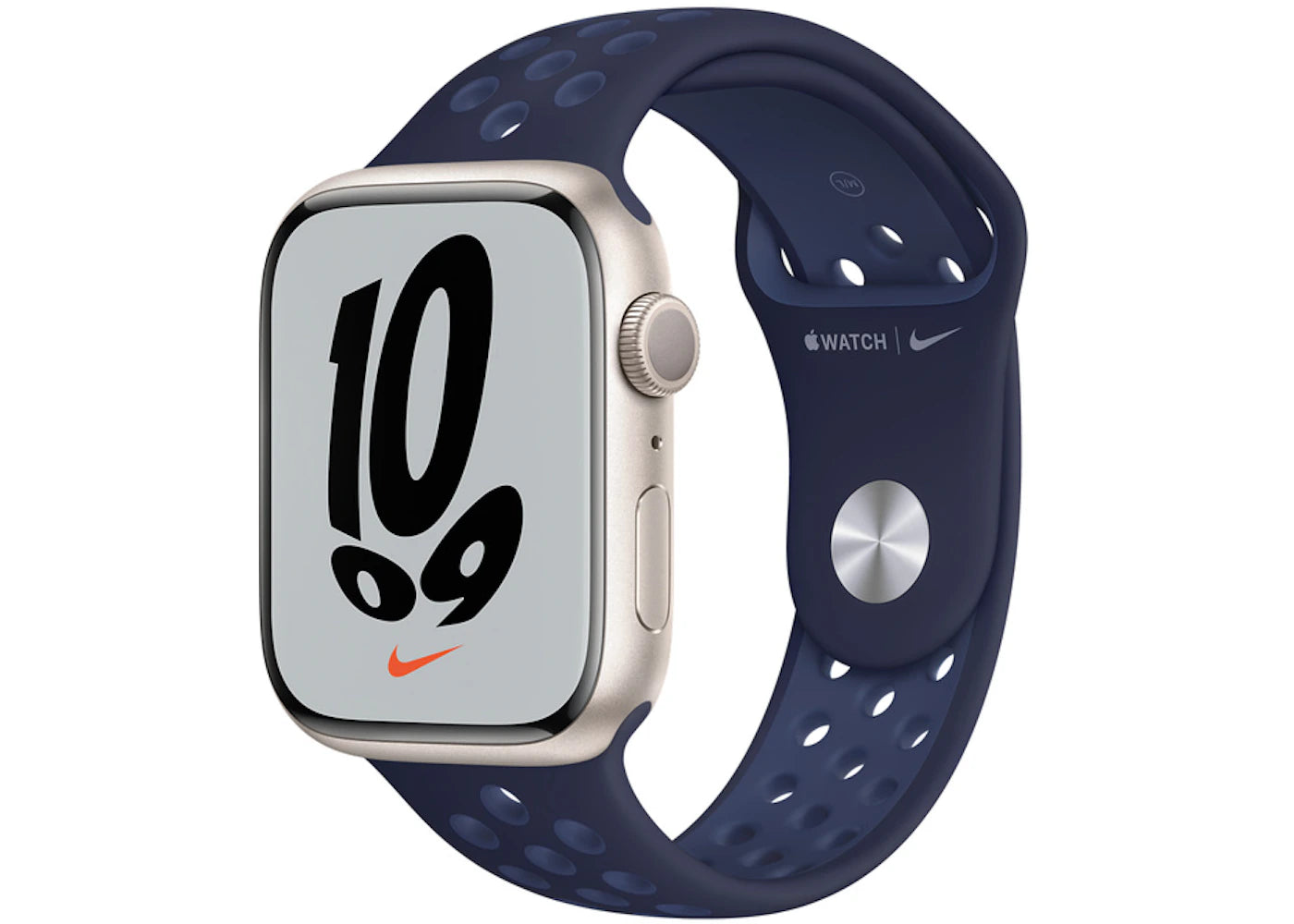 Apple Watch Nike Series 7 GPS 45mm Starlight Aluminum with Nike Navy Sport Band A2474