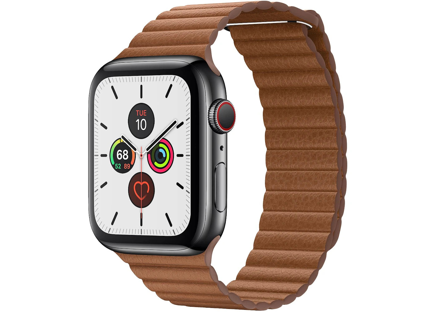 Apple Watch Series 5 GPS + Cellular 44mm Space Black Stainless Steel with Saddle Brown Leather Loop Large A2095