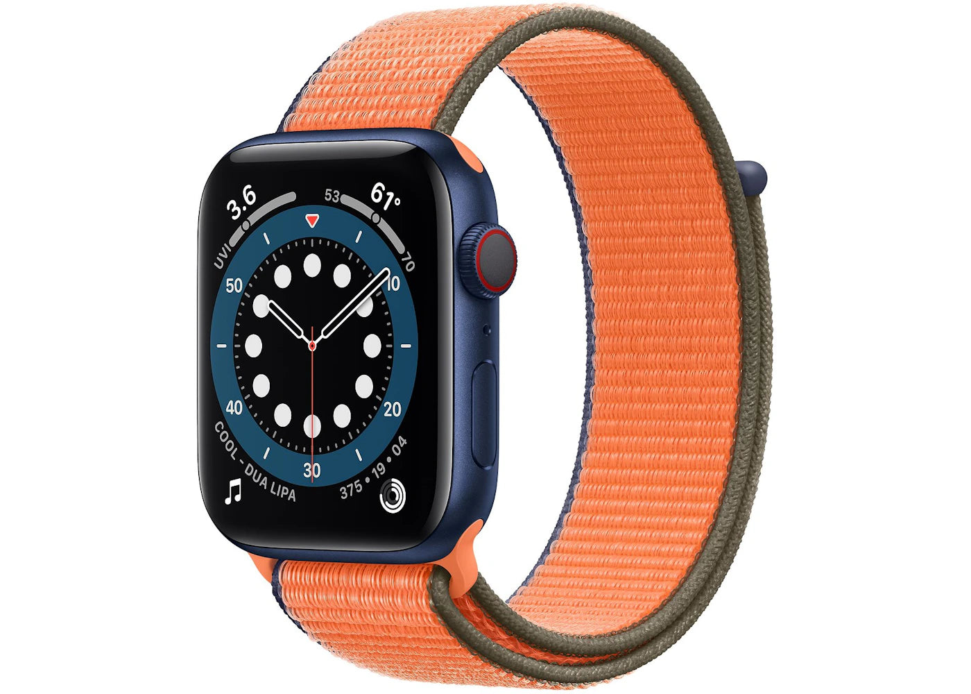 Apple Watch Series 6 GPS + Cellular 44mm Blue Aluminum with Kumquat Sport Loop A2294