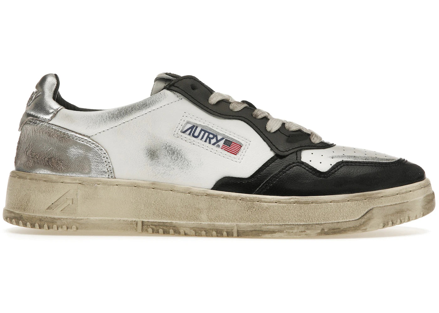 Autry Medalist Leather Low Distressed White Black Silver