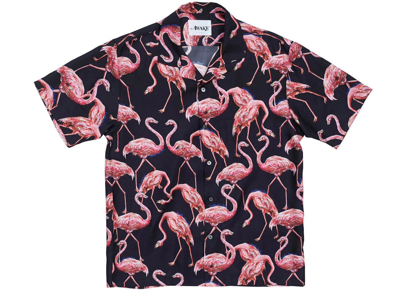 Awake Silk Flamingo Print Camp Shirt Black