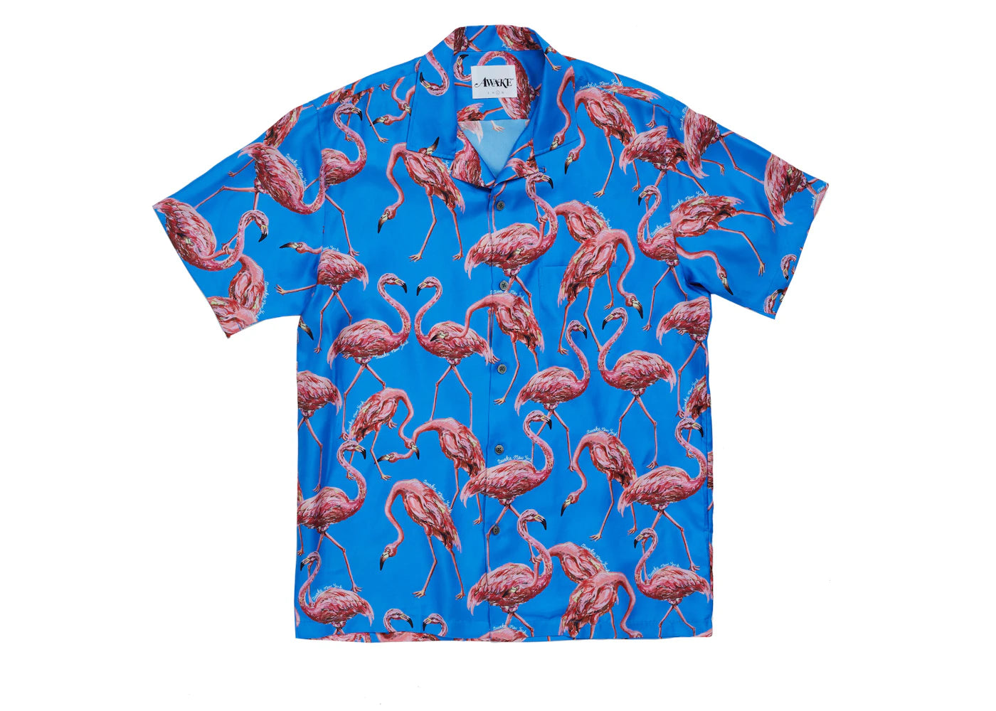 Awake Silk Flamingo Print Camp Shirt Blue