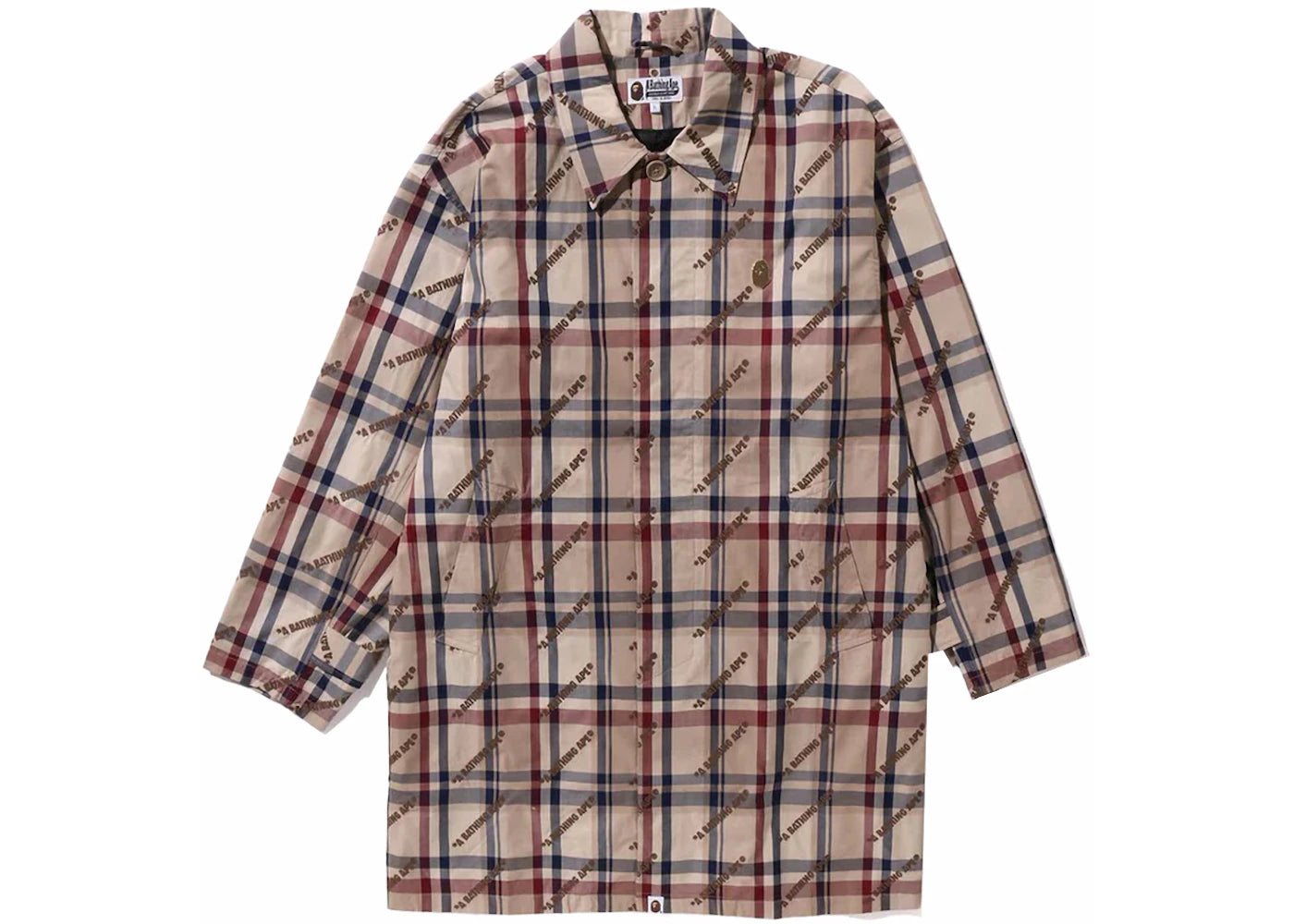 BAPE A Bathing Ape Logo Check Pattern Long Coat Beige