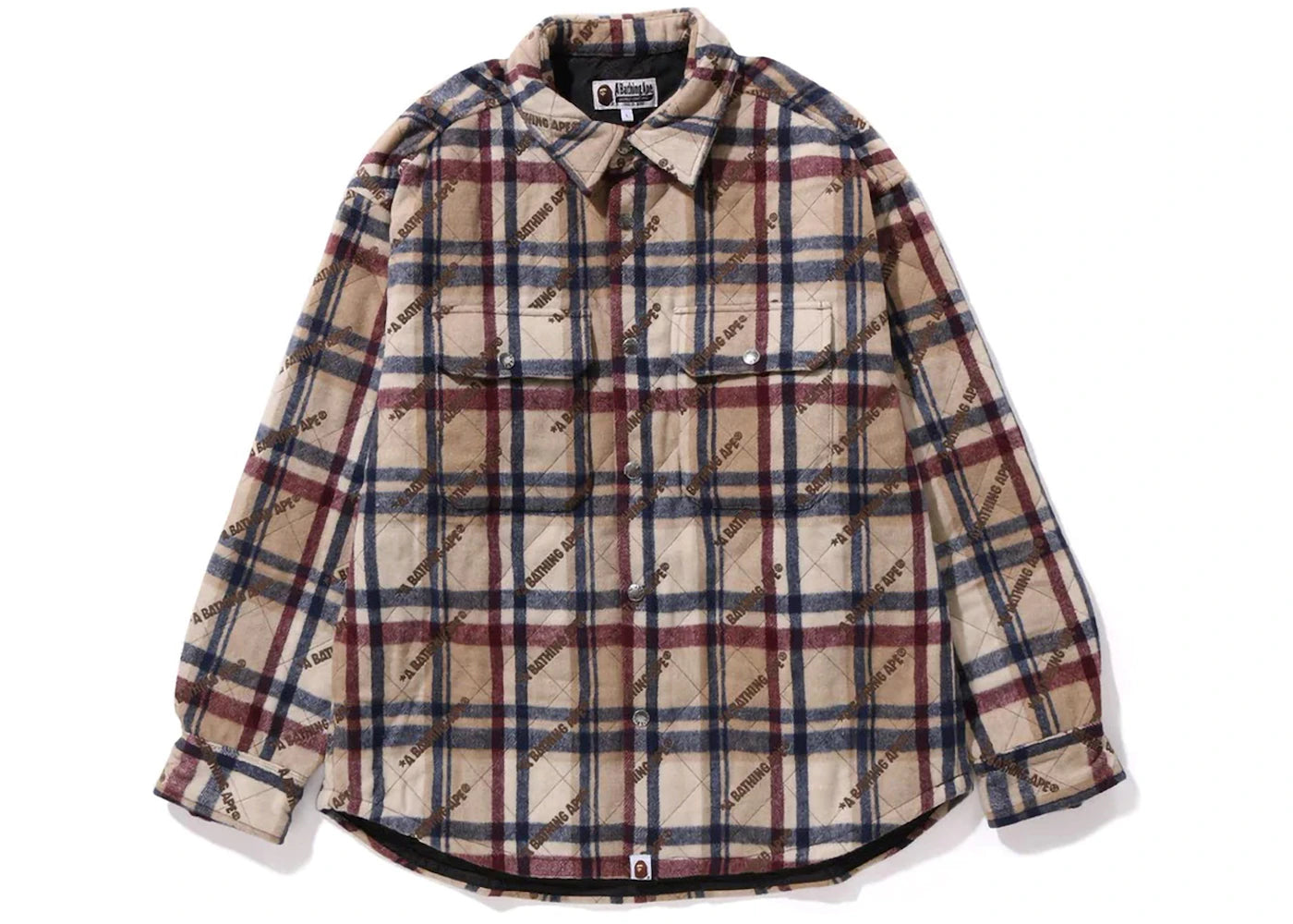 BAPE A Bathing Ape Logo Check Pattern Padded Flannel Shirt Jacket Beige