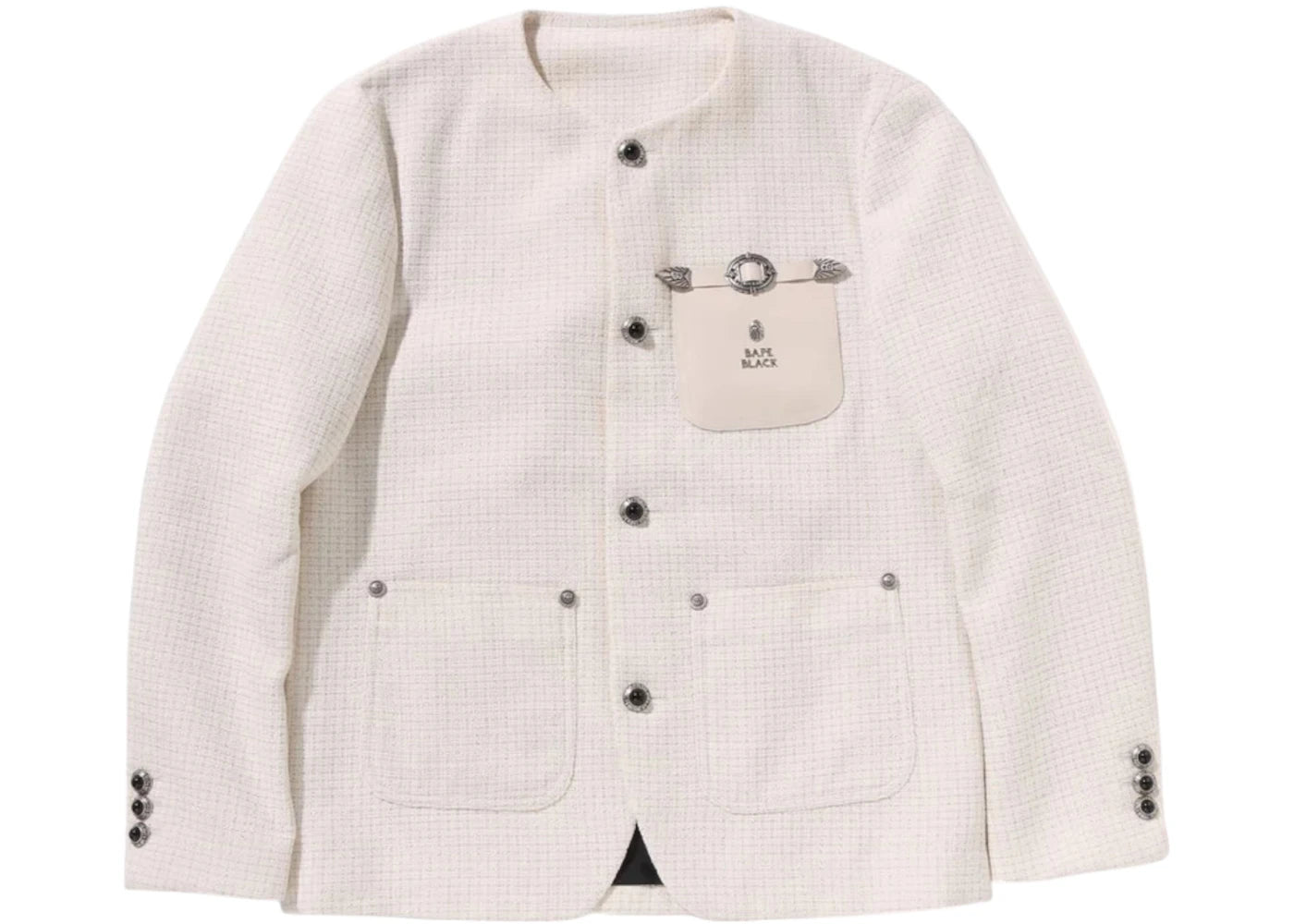 BAPE Black Collarless Ornaments Tweed III Coat Ivory