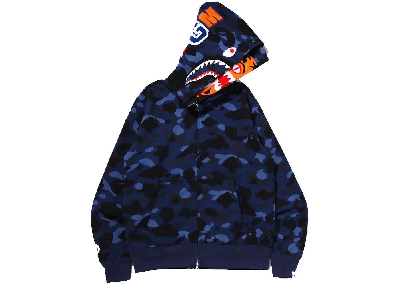 BAPE Color Camo Tiger Shark Wide Full Zip Double Hoodie (SS22) Navy