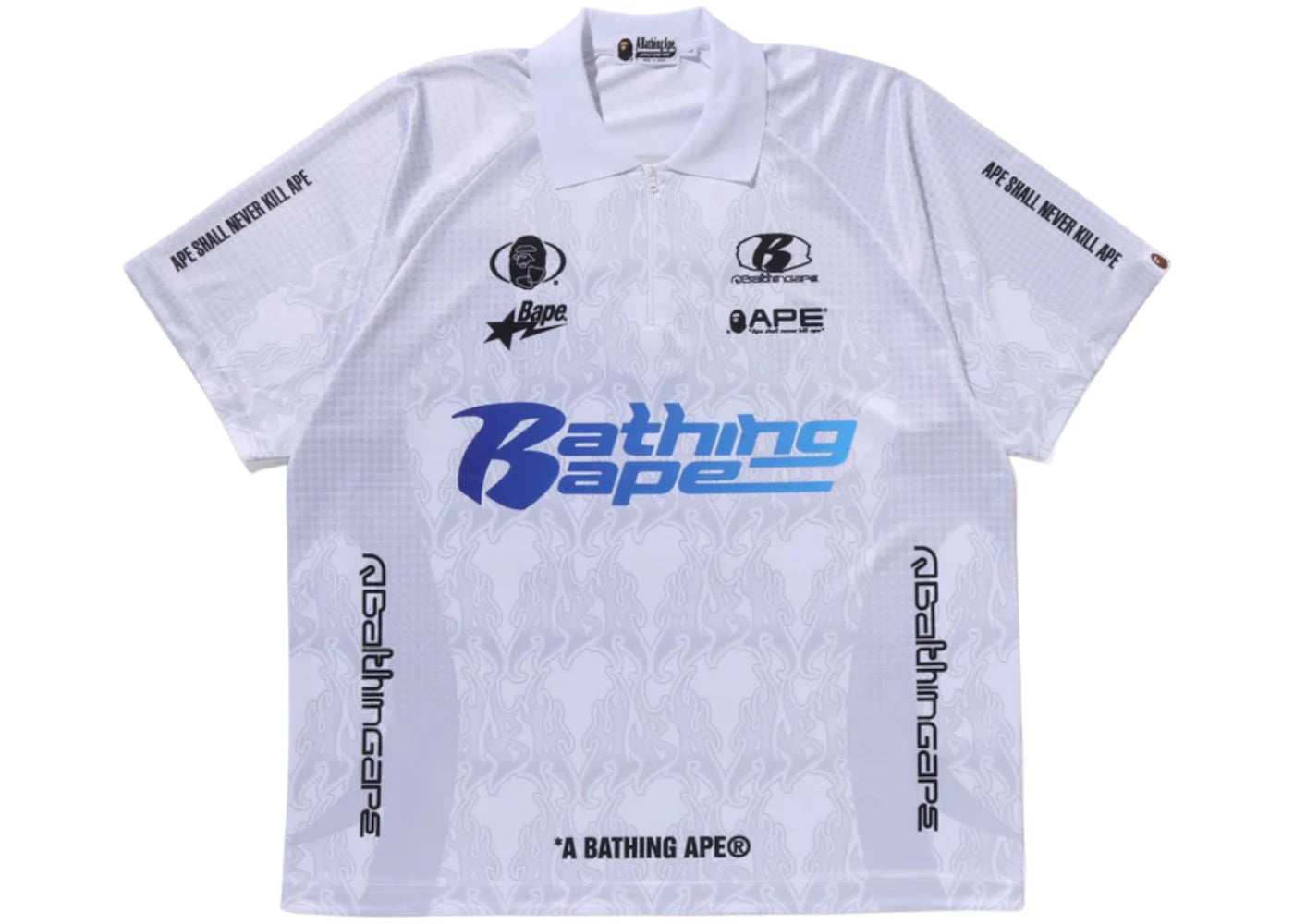BAPE Flame Pattern Overall Print Half Zip Relax Fit Polo Shirt White ...