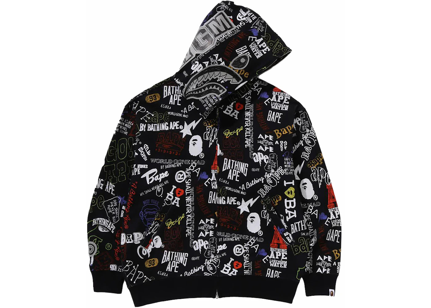 BAPE Hand Draw Pattern Shark Zip Hoodie Black