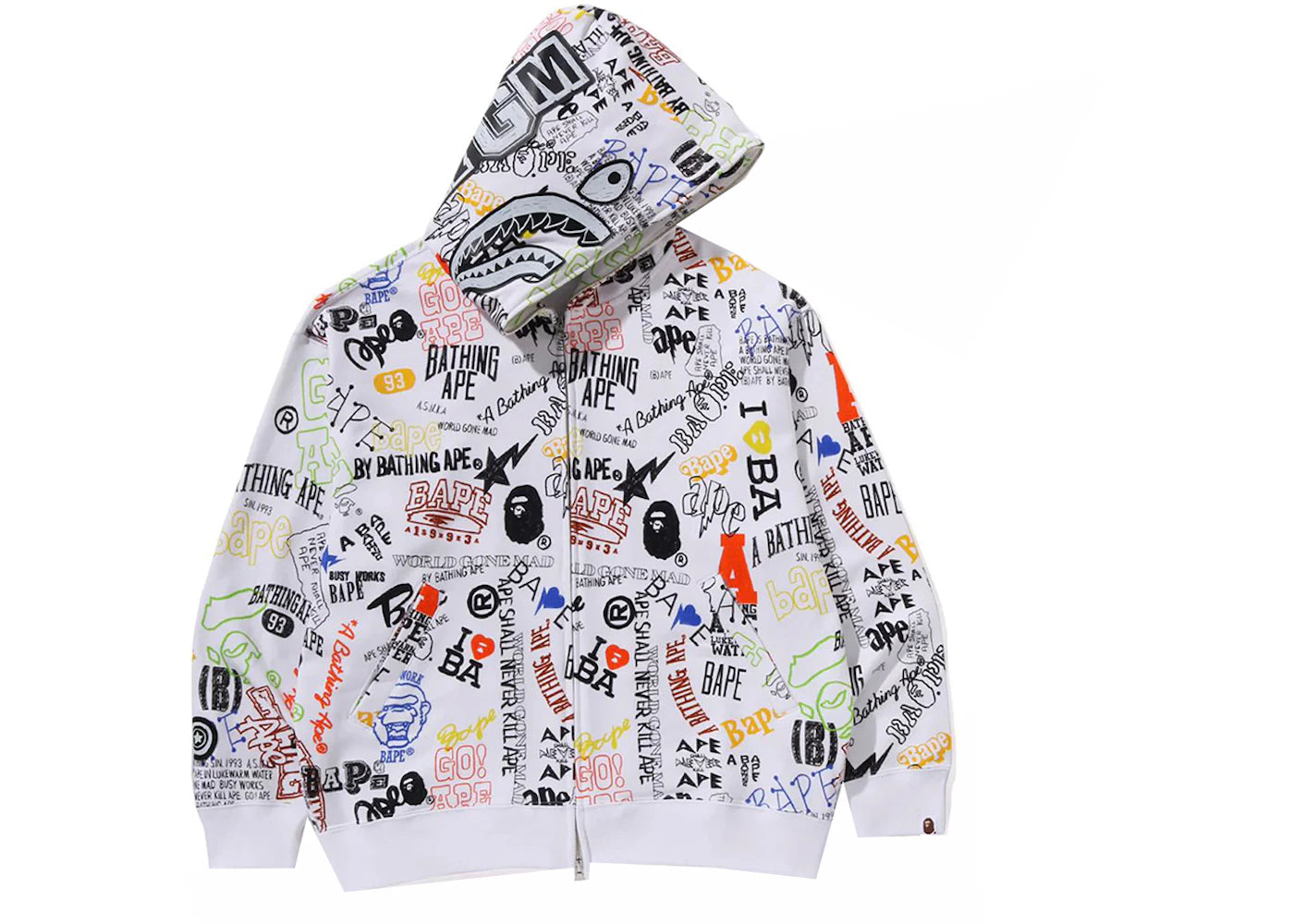 BAPE Hand Draw Pattern Shark Zip Hoodie White