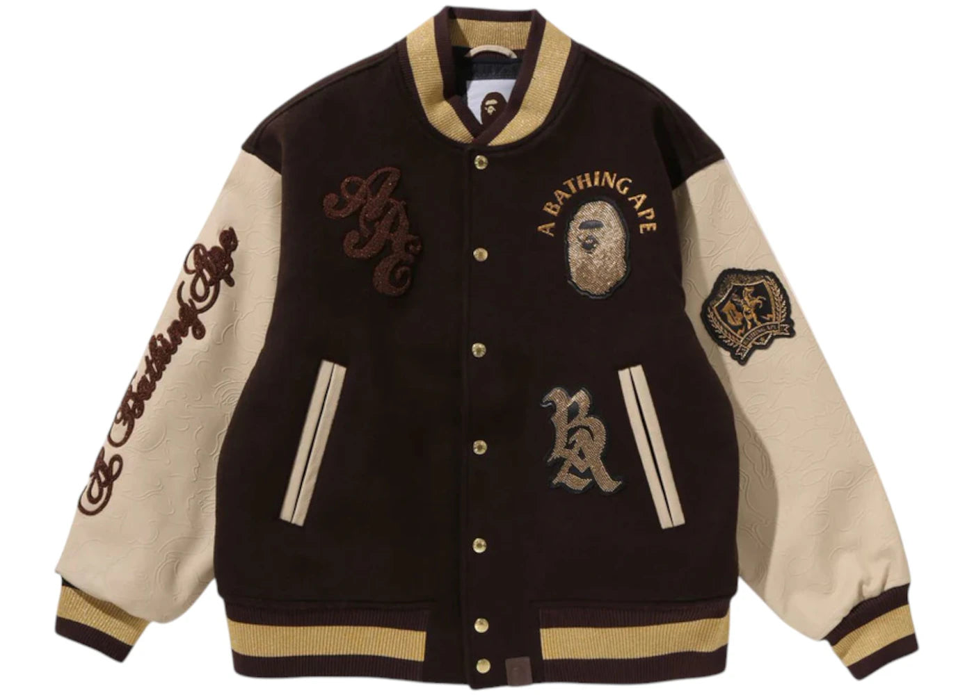 BAPE Line Camo Multi Logo Wool Varsity Jacket Brown