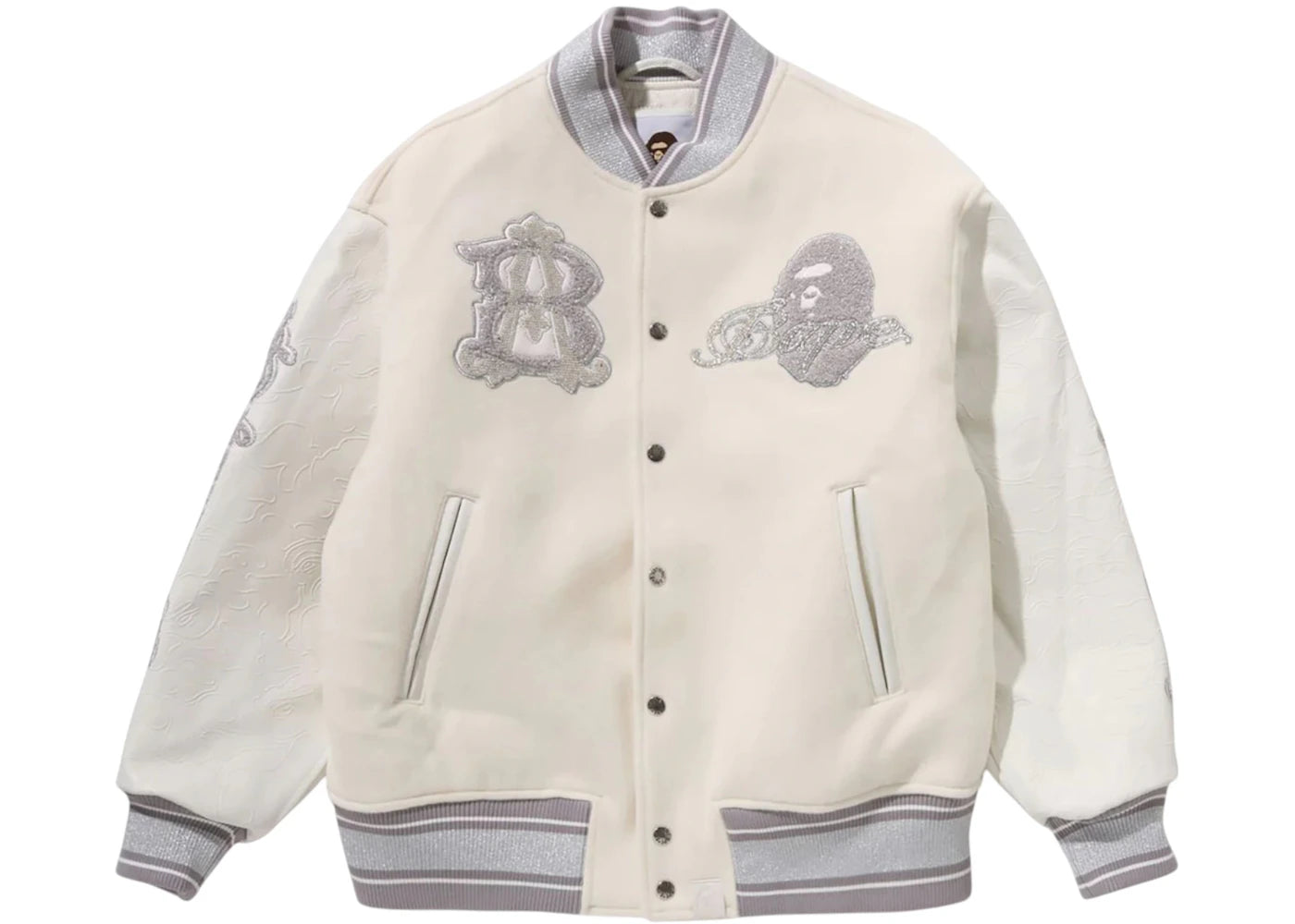 BAPE Line Camo Multi Logo Wool Varsity Jacket Ivory