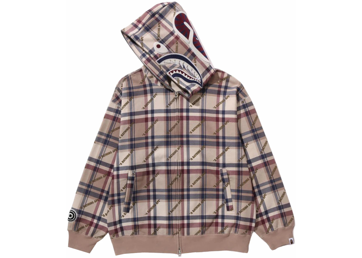 BAPE Logo Check Pattern Shark Full Zip Hoodie Beige