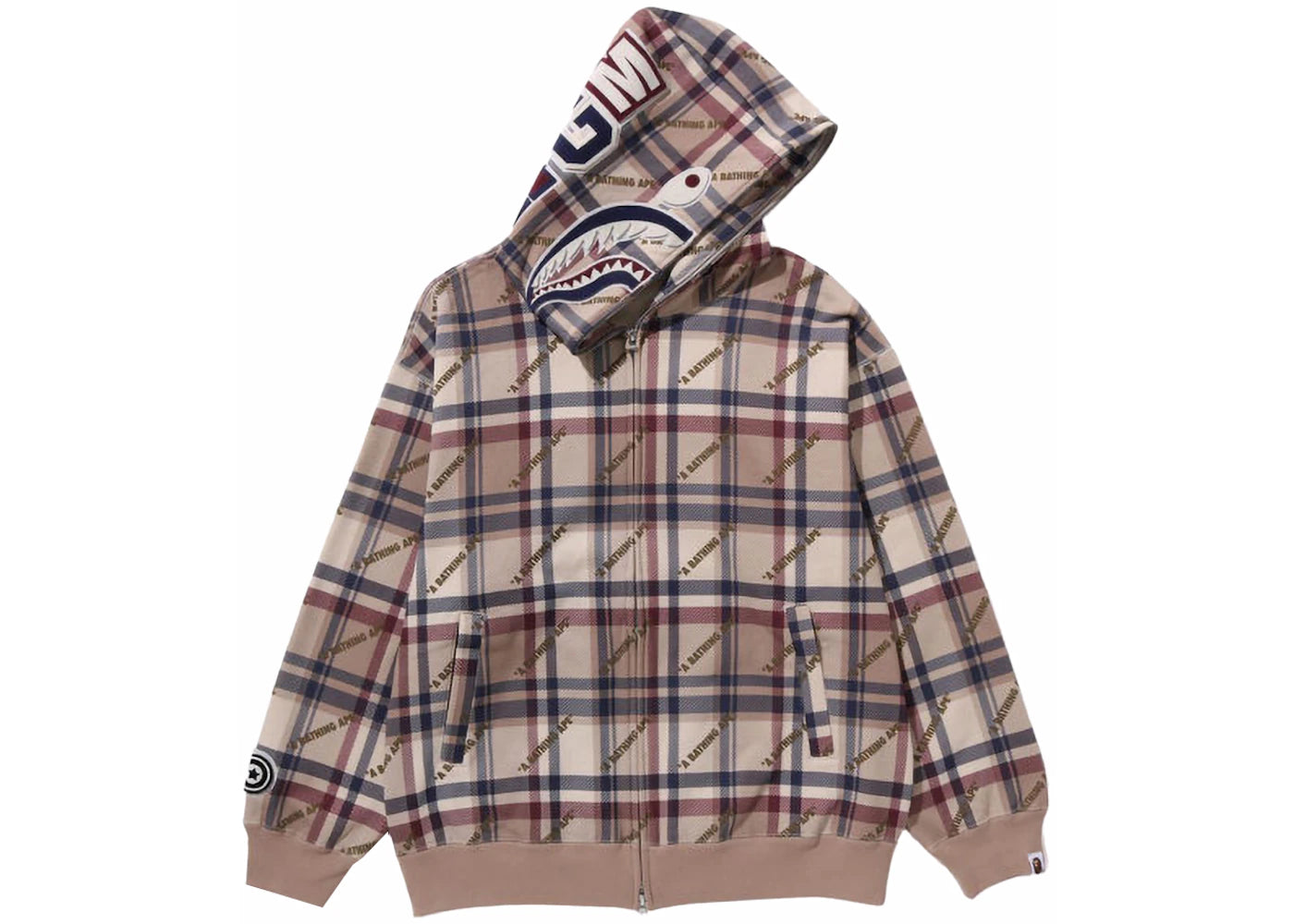 BAPE Logo Check Pattern Shark Full Zip Hoodie Beige