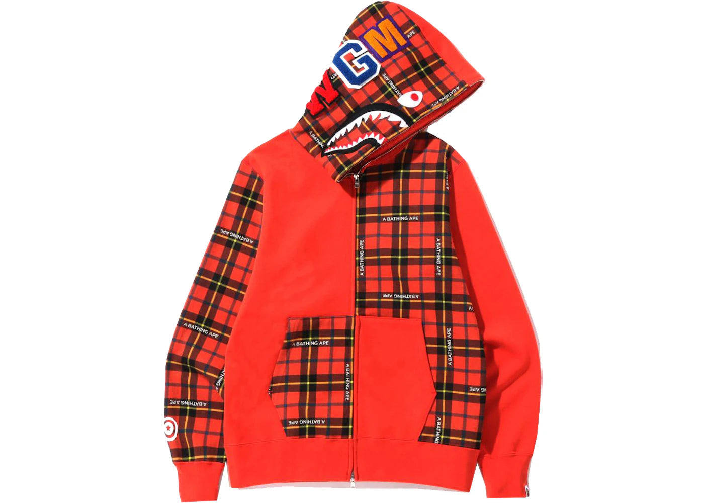 BAPE Logo Check Shark Full Zip Hoodie Red