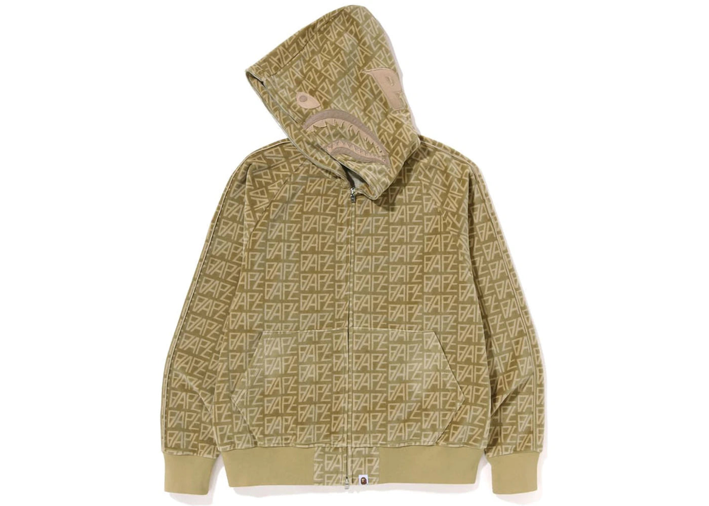 BAPE Logo Monogram Velour Shark Full Zip Hoodie Beige