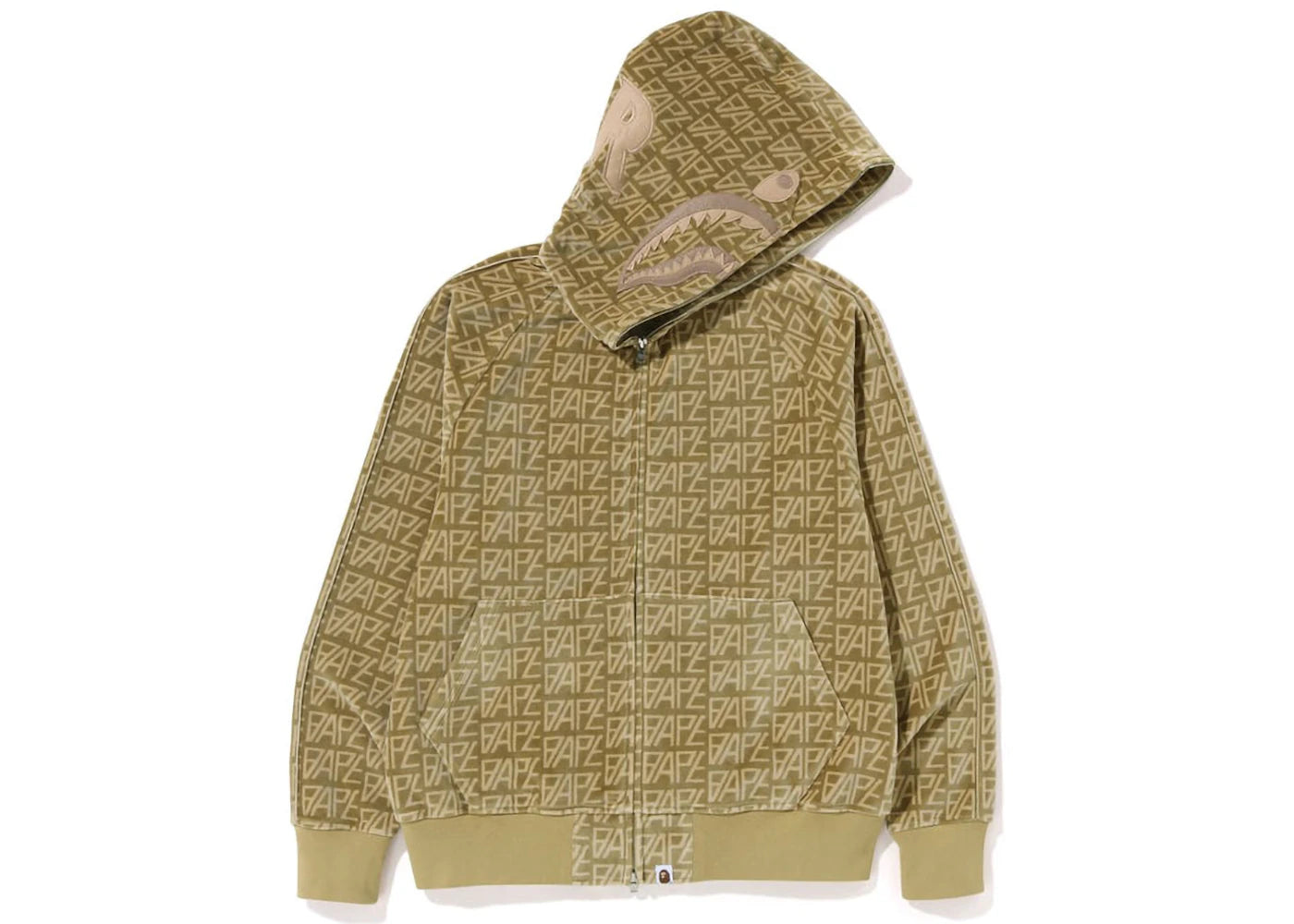 BAPE Logo Monogram Velour Shark Full Zip Hoodie Beige