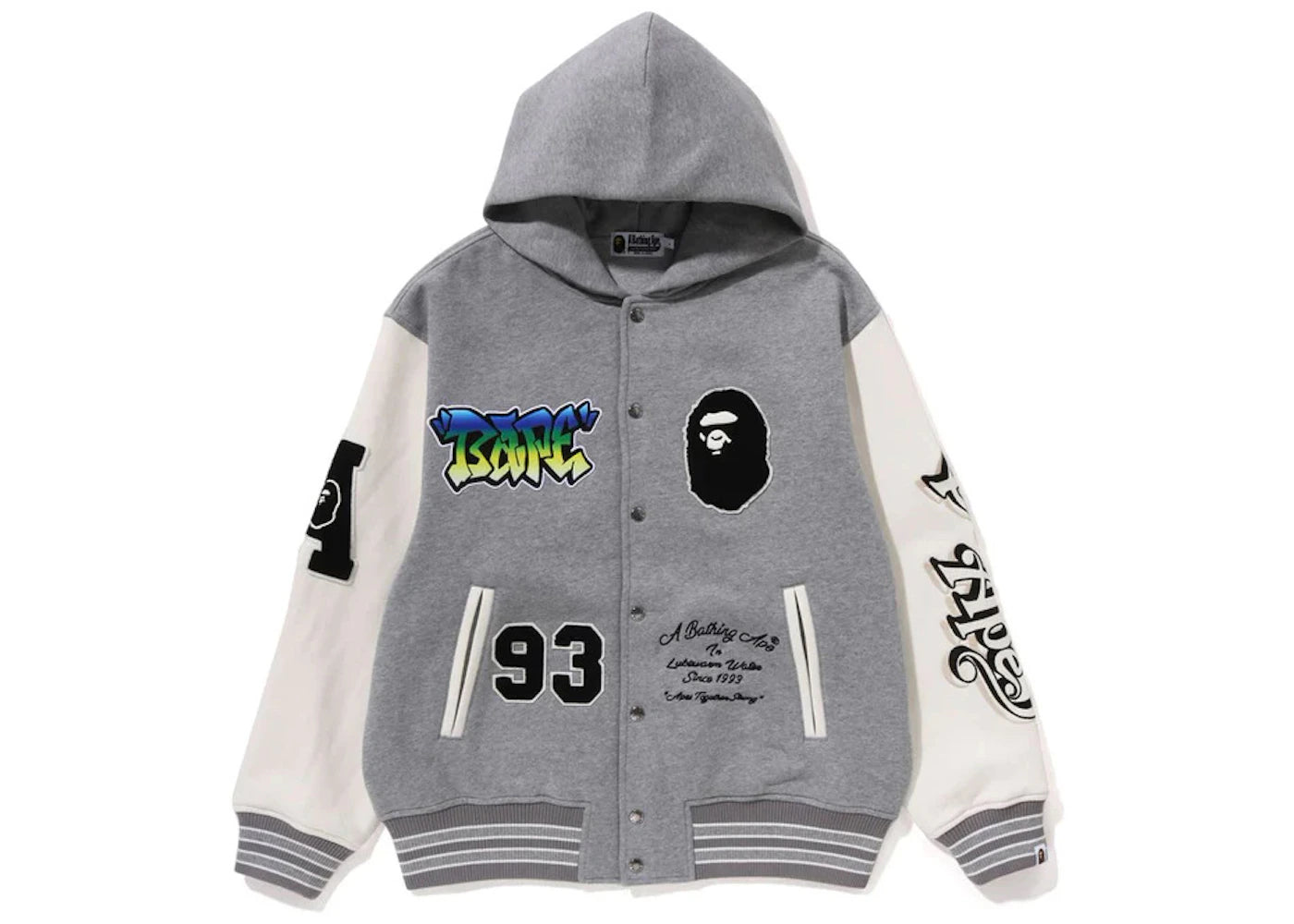 BAPE Lux Sport Badges Oversized Hooded Sweat Varsity Jacket Gray