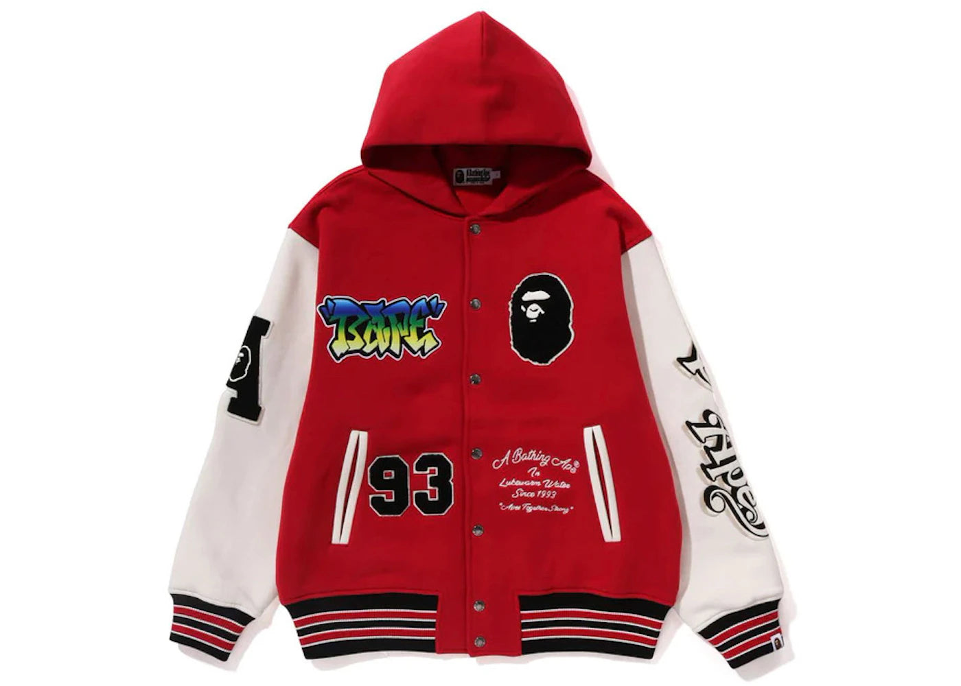 BAPE Lux Sport Badges Oversized Hooded Sweat Varsity Jacket Red