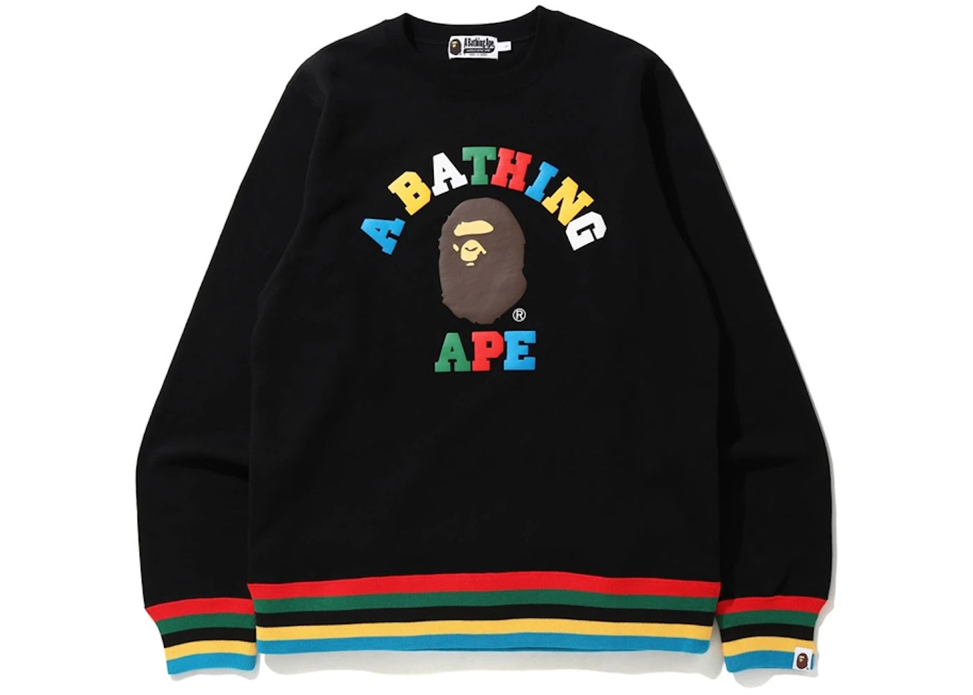 BAPE Multi Color Letters College Line Rib Crewneck Black