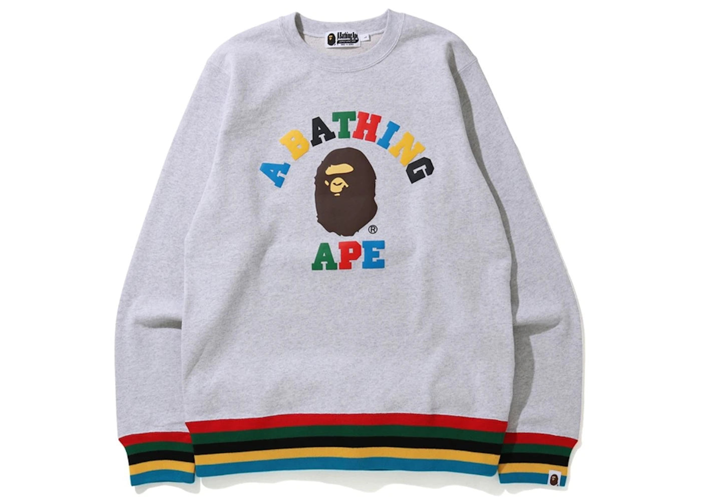 BAPE Multi Color Letters College Line Rib Crewneck Grey