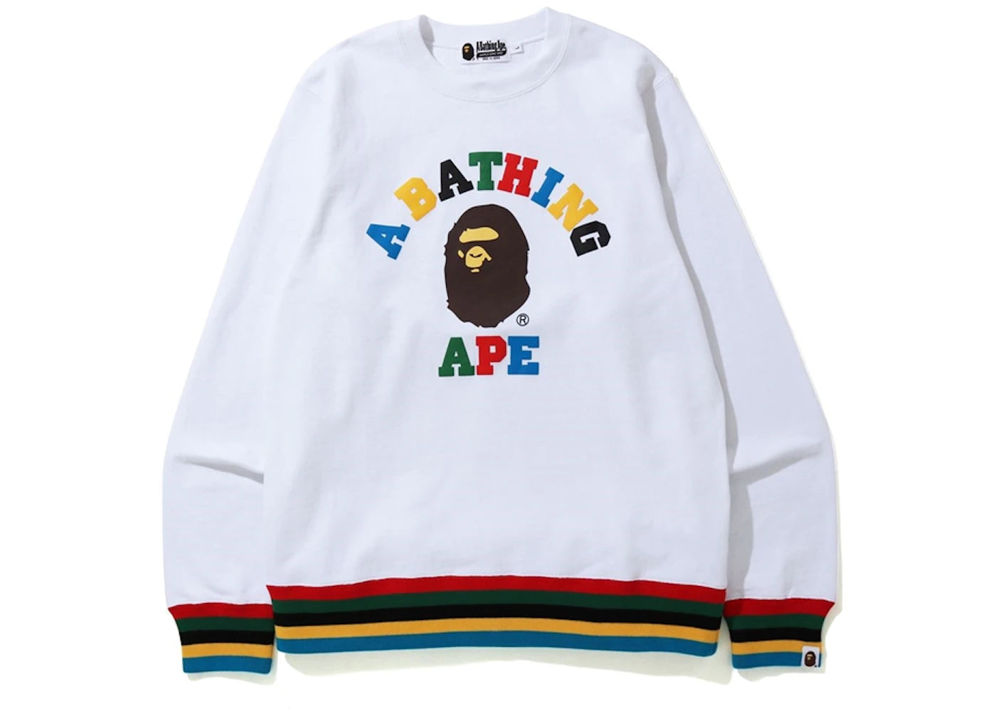 BAPE Multi Color Letters College Line Rib Crewneck White