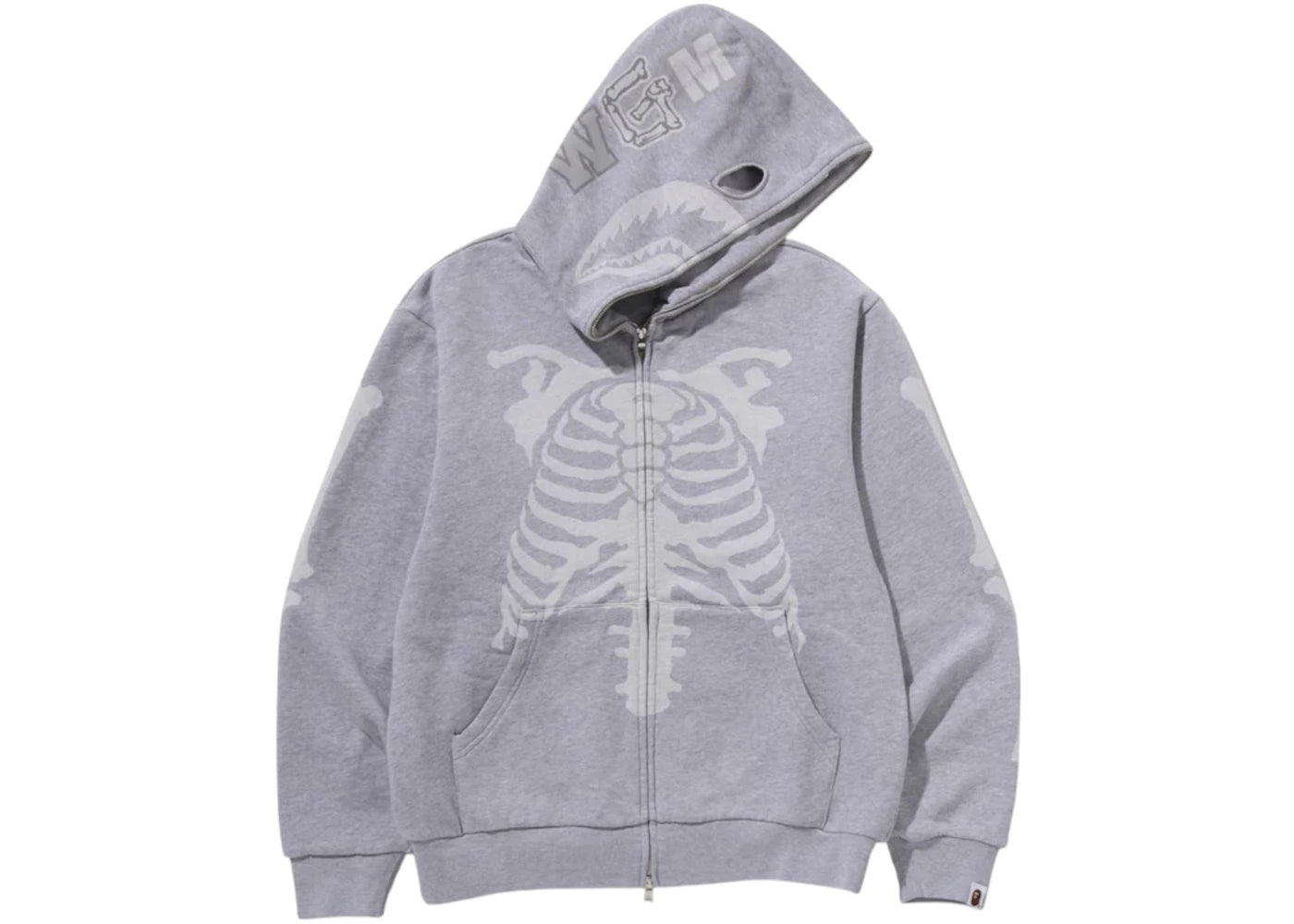 BAPE Skeleton Shark Heavy Washed Cropped Fit Full Zip Hoodie Grey